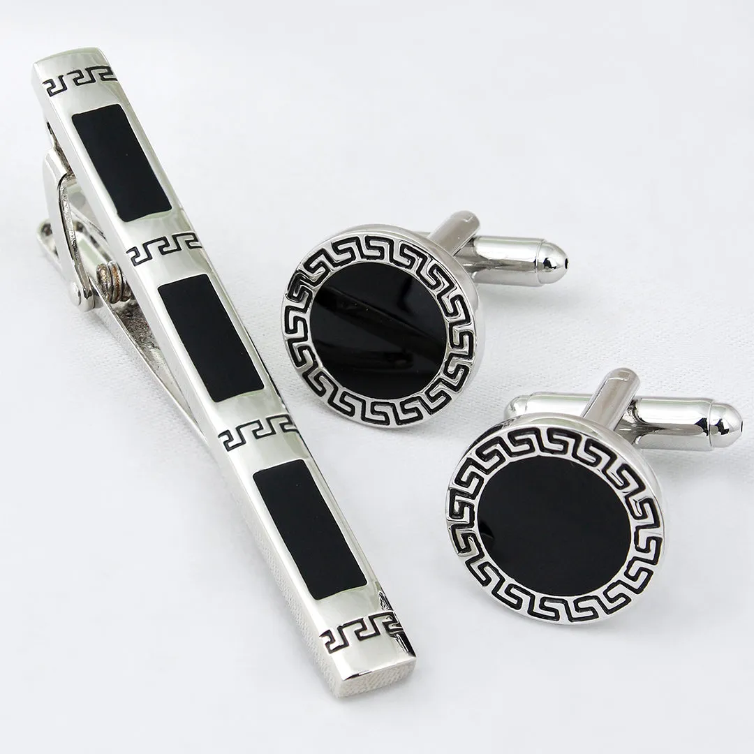 Peluche Greek Key Silver Cufflinks and Tie Pin Set