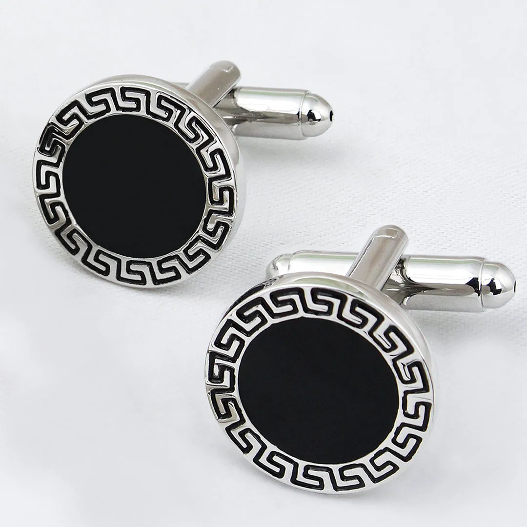 Peluche Greek Key Silver Cufflinks and Tie Pin Set