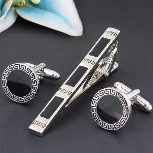 Peluche Greek Key Silver Cufflinks and Tie Pin Set