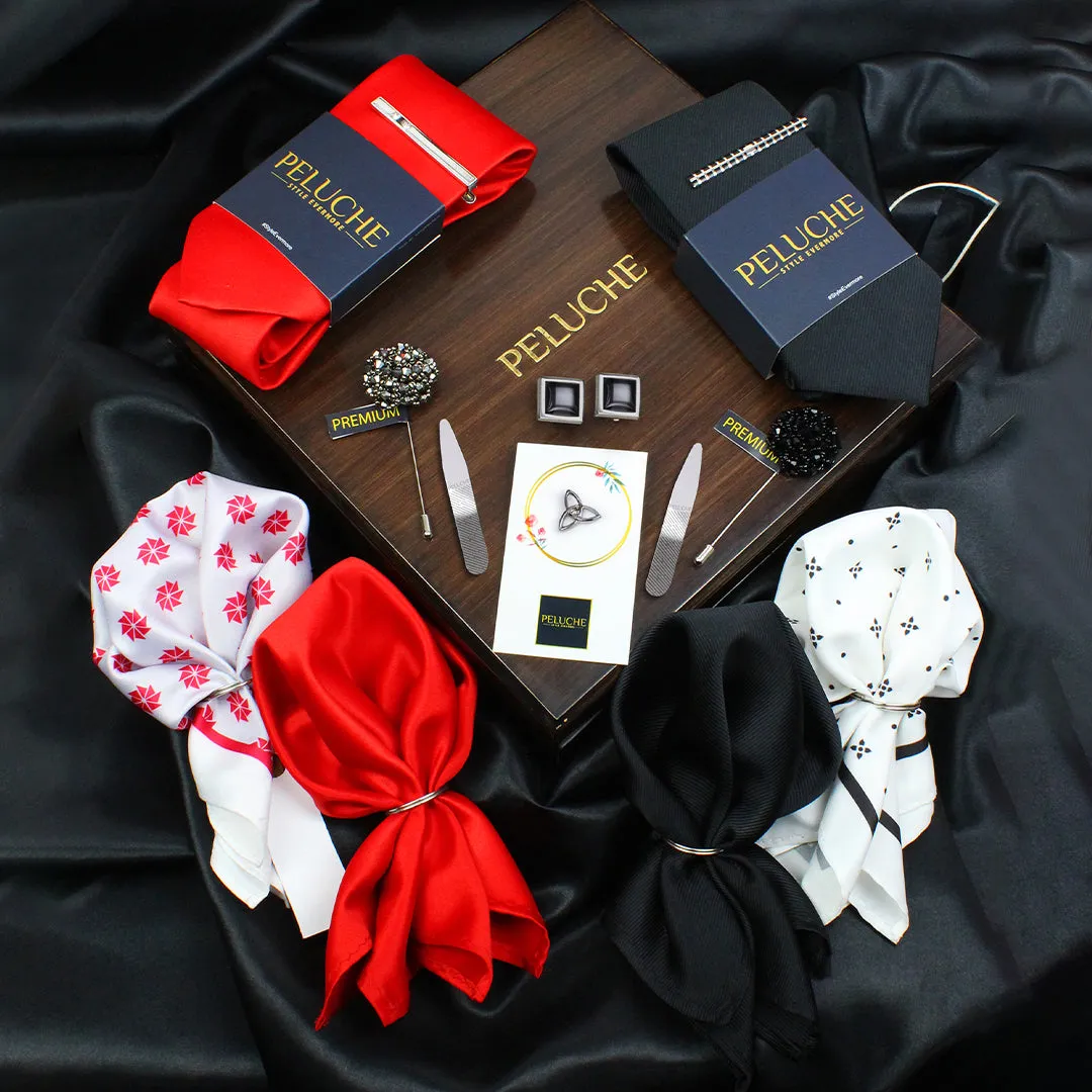 Peluche Solid Black & Red 13 Pcs Uber Luxury Gift Box (2 Neckties, 2 Tiepins, 2 Brooches, 1 Lapel Pin, 4 Pocket Squares, 1 Pair of Cufflinks, 1 Pair of Collar Stays)