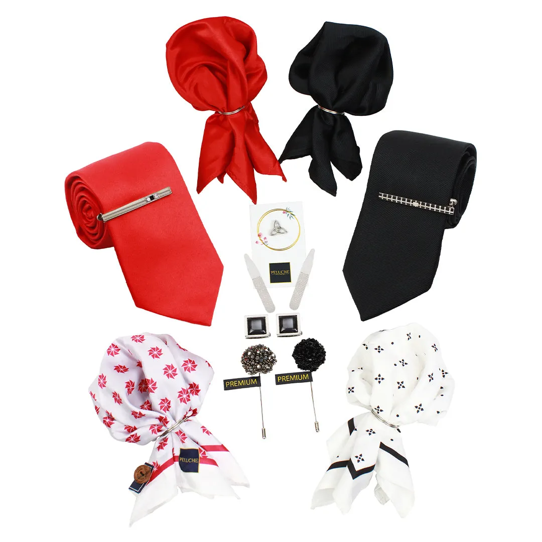 Peluche Solid Black & Red 13 Pcs Uber Luxury Gift Box (2 Neckties, 2 Tiepins, 2 Brooches, 1 Lapel Pin, 4 Pocket Squares, 1 Pair of Cufflinks, 1 Pair of Collar Stays)