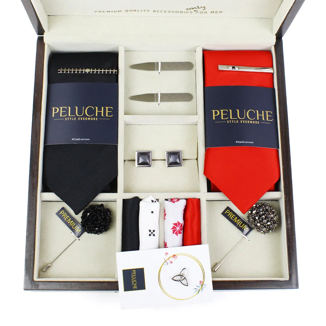 Peluche Solid Black & Red 13 Pcs Uber Luxury Gift Box (2 Neckties, 2 Tiepins, 2 Brooches, 1 Lapel Pin, 4 Pocket Squares, 1 Pair of Cufflinks, 1 Pair of Collar Stays)