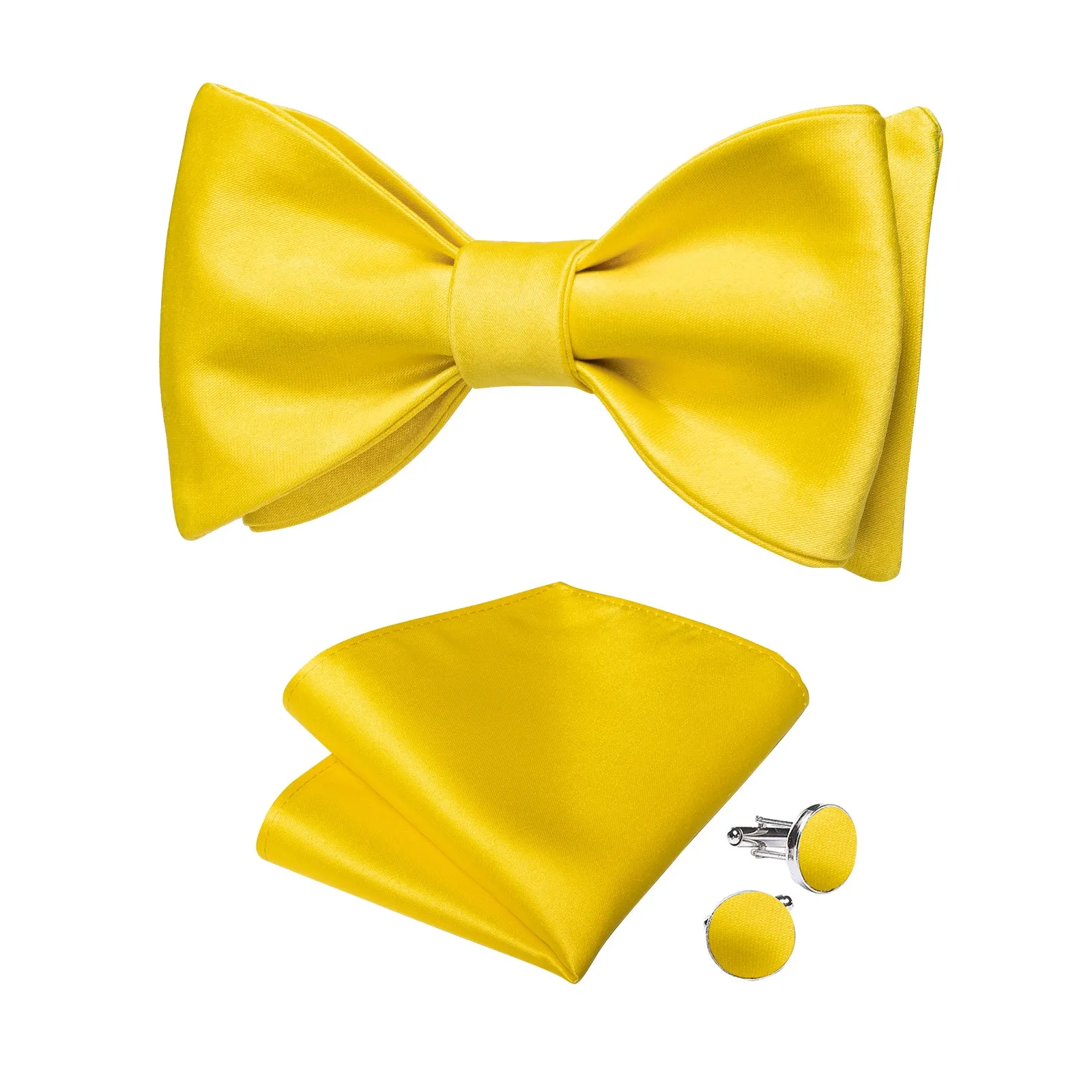 Pure Yellow Solid Self-tied Silk Bow Tie Pocket Square Cufflinks Set