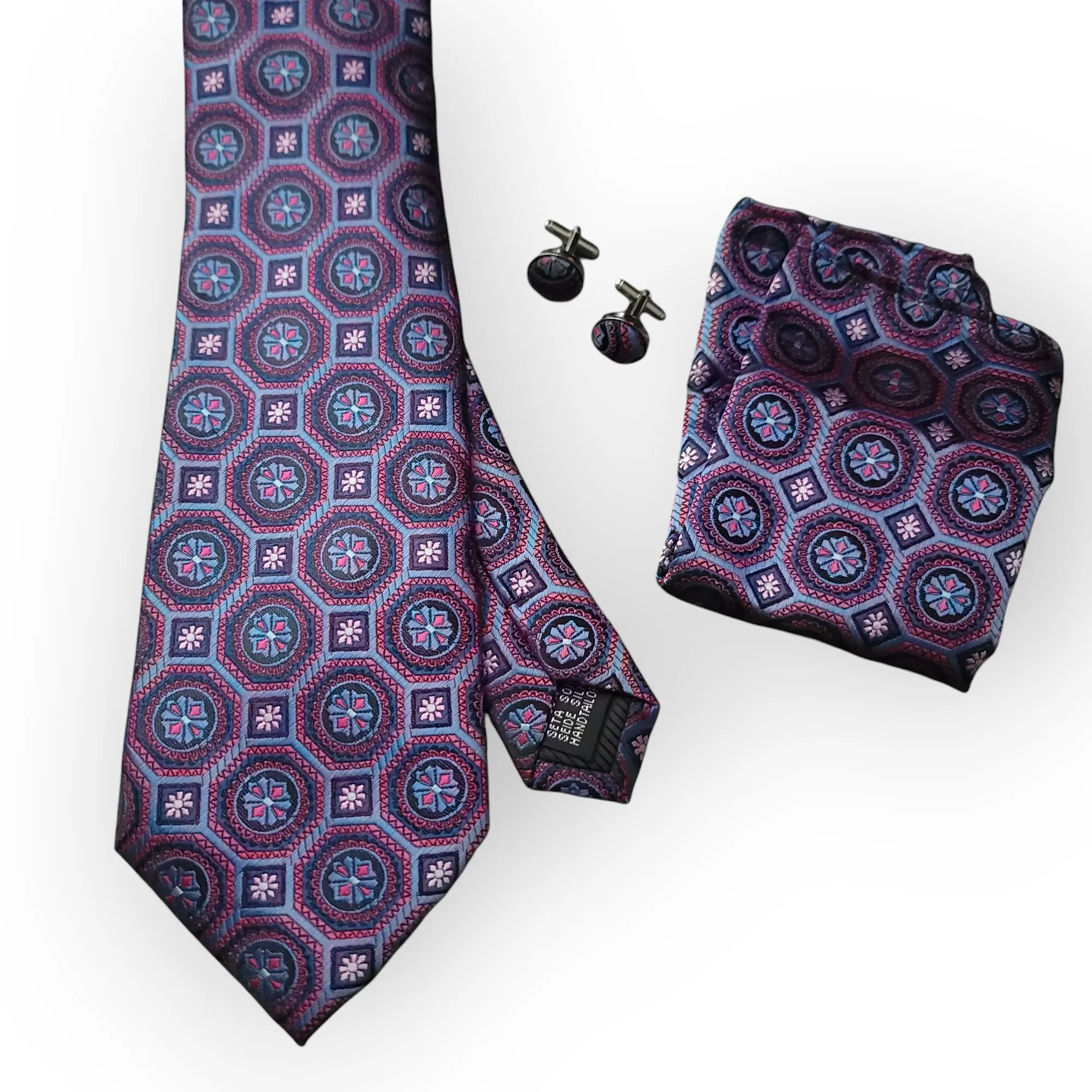Purple Blue Geometric Silk Tie Pocket Square Cufflink Set