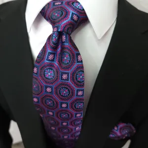Purple Blue Geometric Silk Tie Pocket Square Cufflink Set