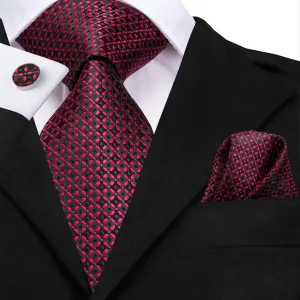 Red Black Plaid Dot Silk Tie Pocket Square Cufflinks Set