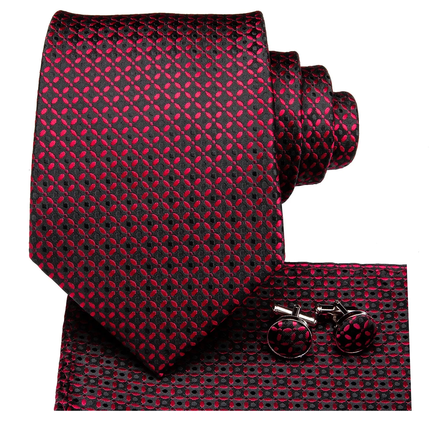 Red Black Plaid Dot Silk Tie Pocket Square Cufflinks Set