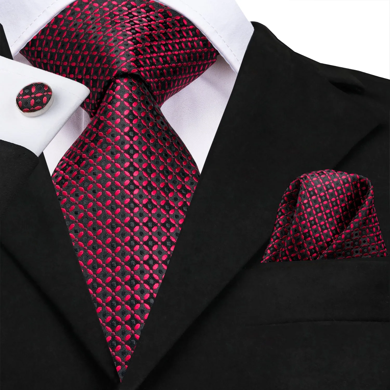 Red Black Plaid Dot Silk Tie Pocket Square Cufflinks Set