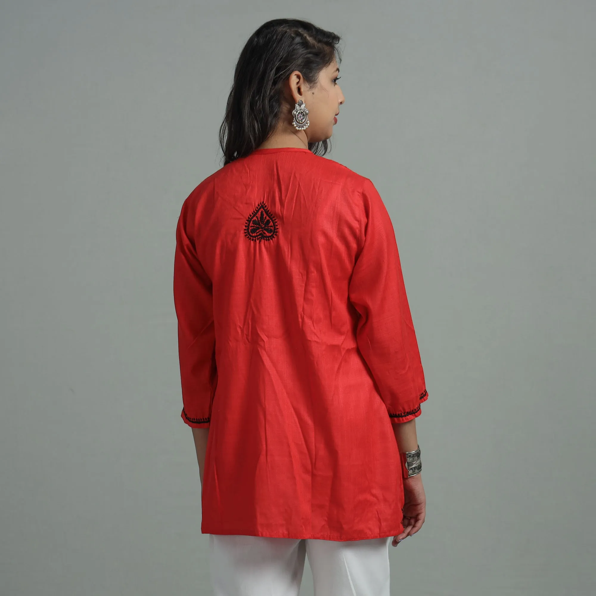 Red Chikankari Hand Embroidered Cotton Short Kurta
