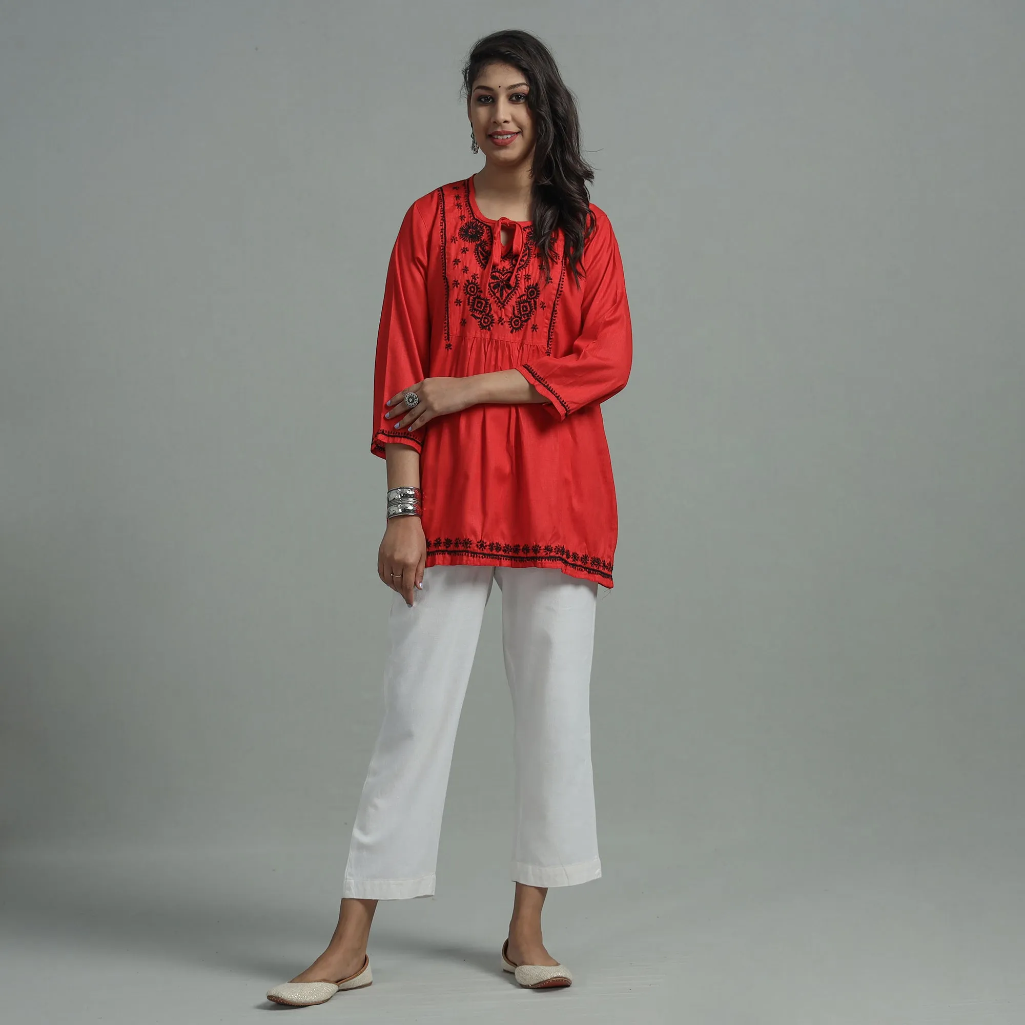 Red Chikankari Hand Embroidered Cotton Short Kurta