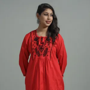Red Chikankari Hand Embroidered Cotton Short Kurta