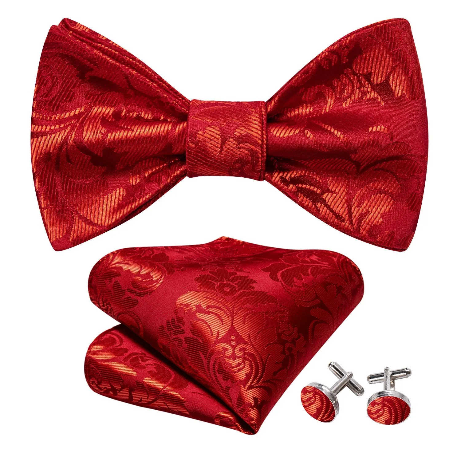 Red Gold Floral Self-tied Bow Tie Pocket Square Cufflinks Set