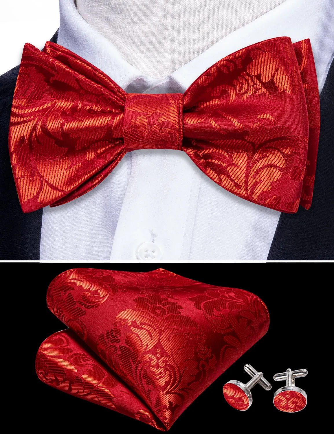 Red Gold Floral Self-tied Bow Tie Pocket Square Cufflinks Set