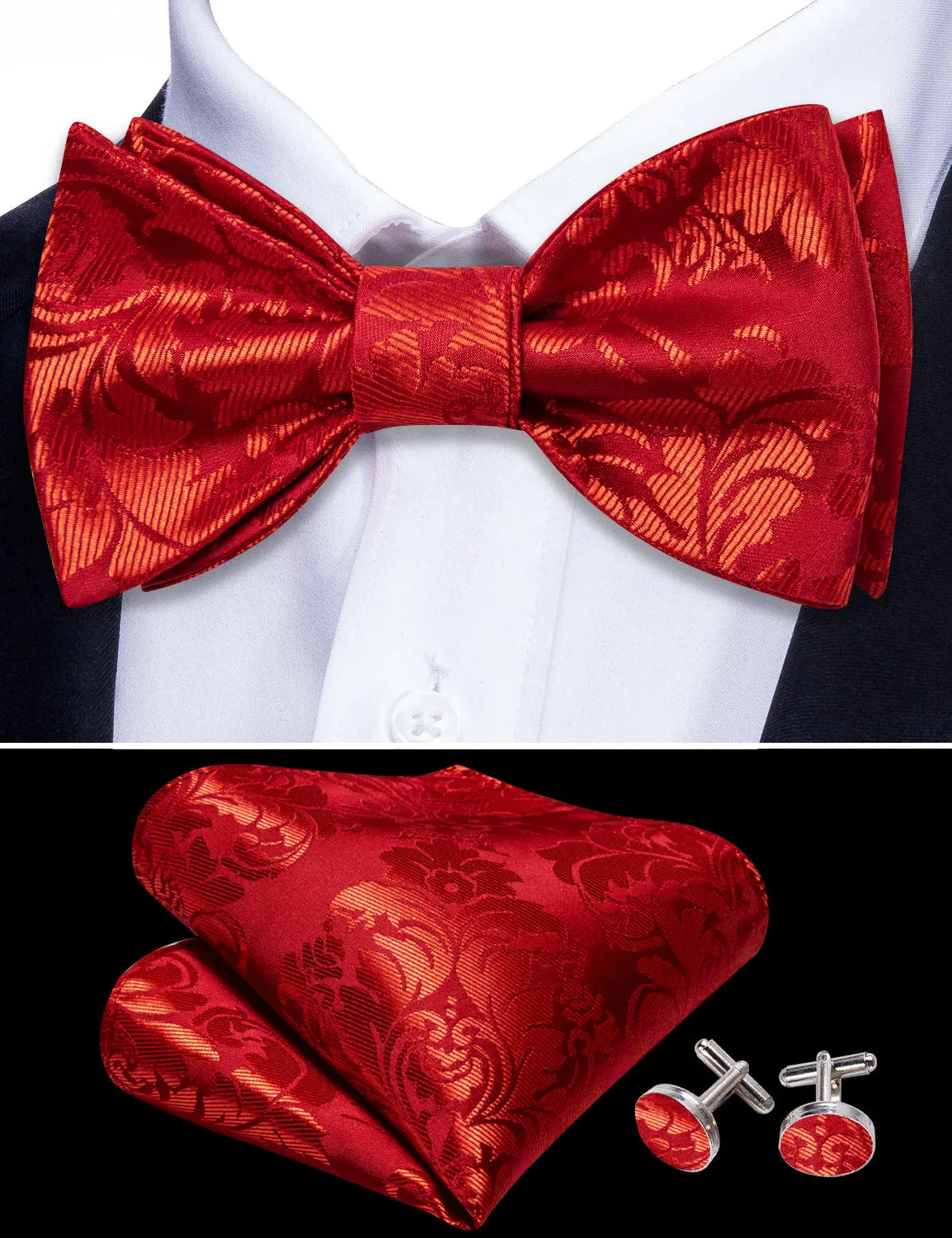 Red Gold Floral Self-tied Bow Tie Pocket Square Cufflinks Set