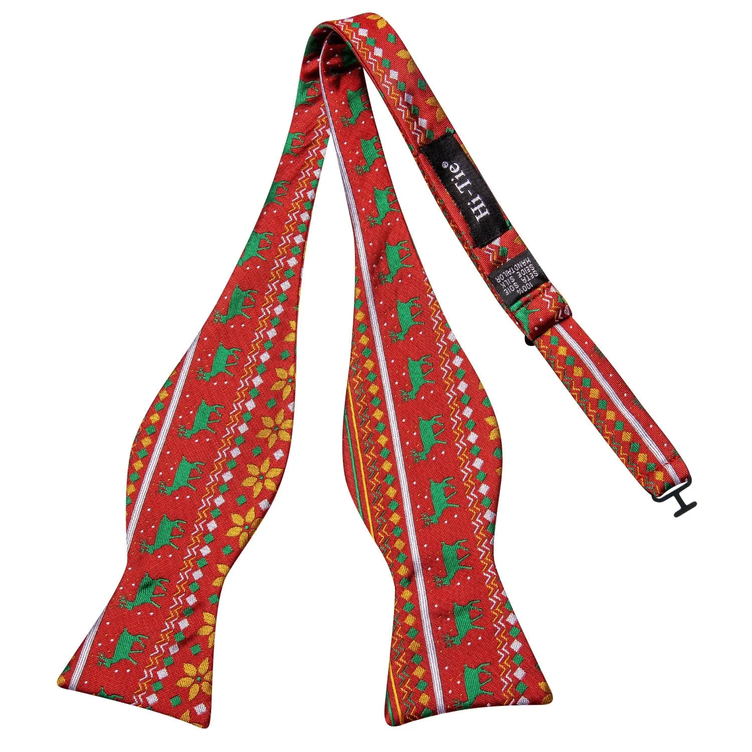 Red Green Christmas Deer Silk Self-tied Bow Tie Pocket Square Cufflinks Set