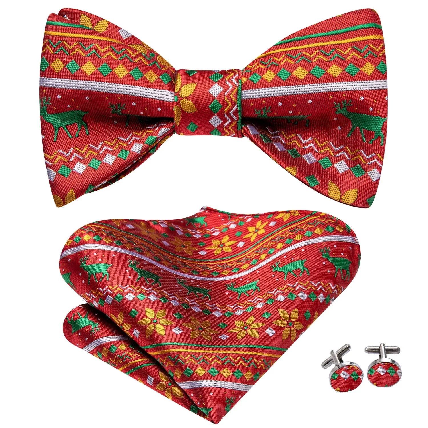 Red Green Christmas Deer Silk Self-tied Bow Tie Pocket Square Cufflinks Set