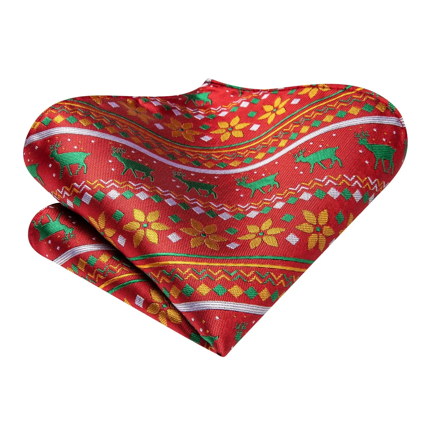 Red Green Christmas Deer Silk Self-tied Bow Tie Pocket Square Cufflinks Set