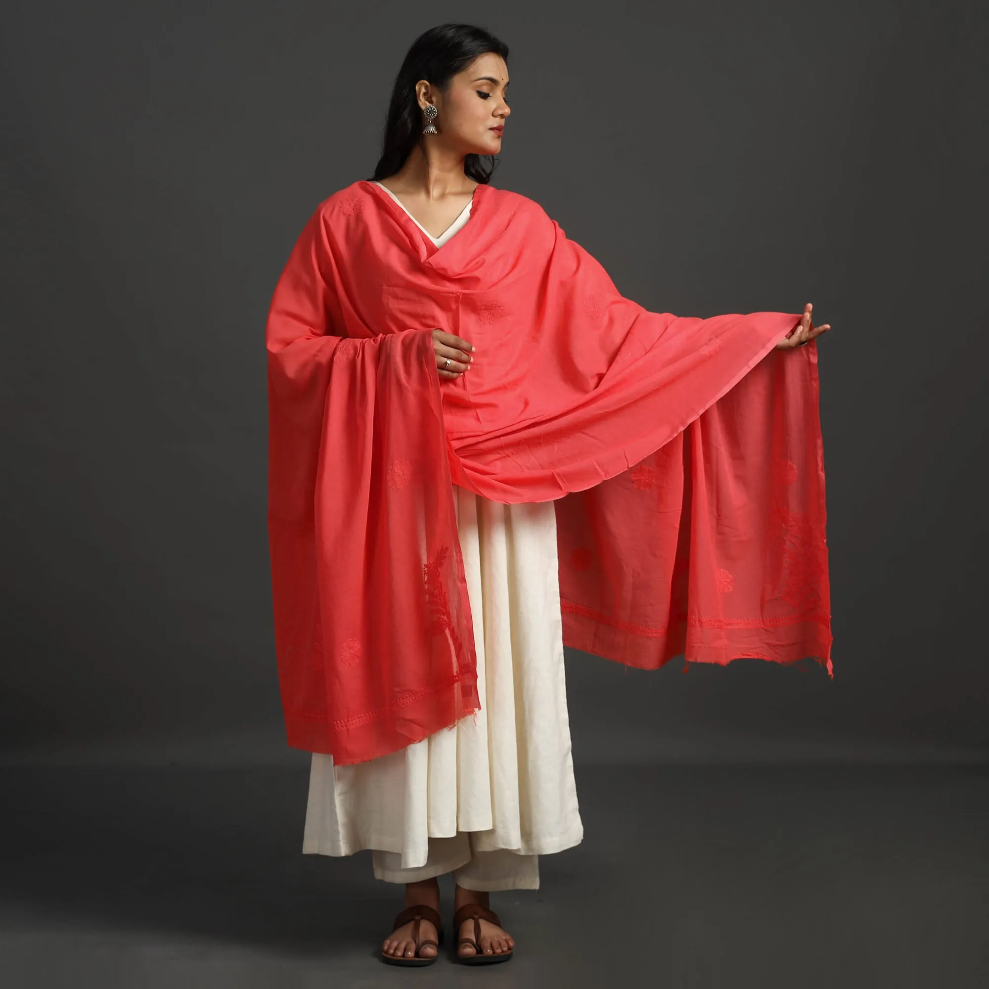 Red - Lucknow Chikankari Hand Embroidery Cotton Dupatta 35