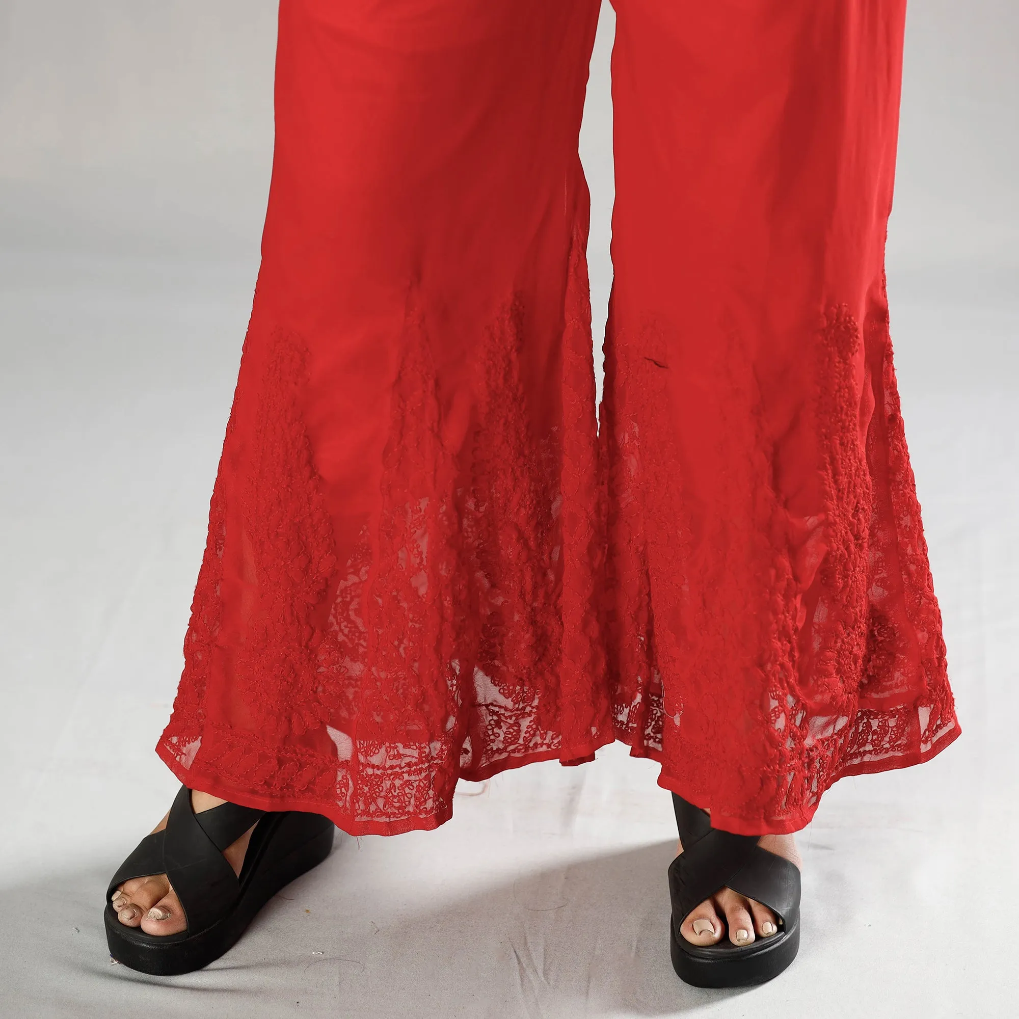 Red - Lucknow Chikankari Hand Embroidery Georgette Palazzo (Free Size)