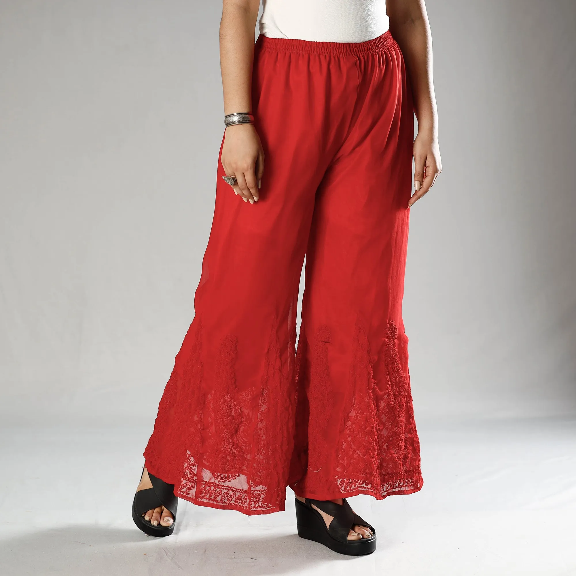 Red - Lucknow Chikankari Hand Embroidery Georgette Palazzo (Free Size)