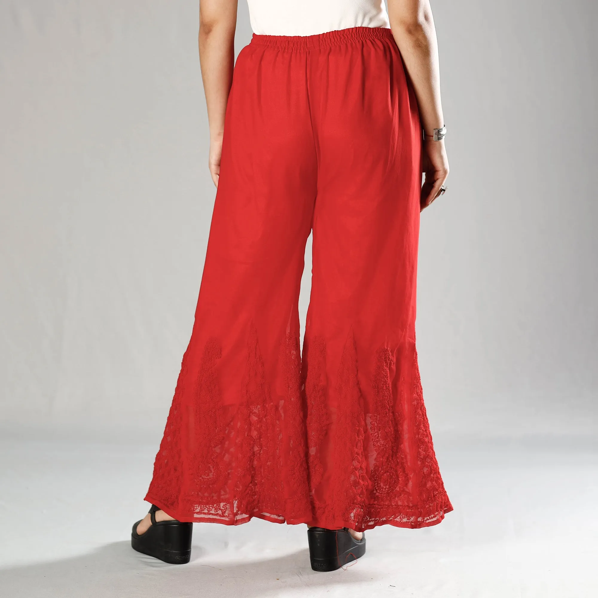 Red - Lucknow Chikankari Hand Embroidery Georgette Palazzo (Free Size)