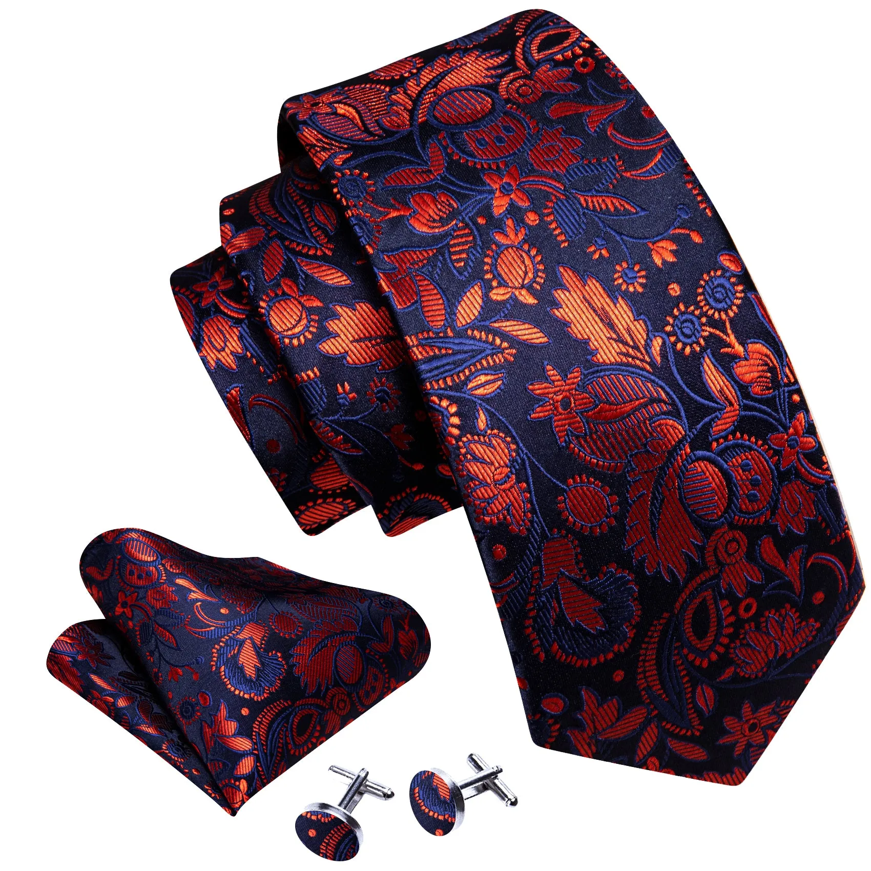 Red Navy Floral Men's Necktie Handkerchief Cufflinks Set