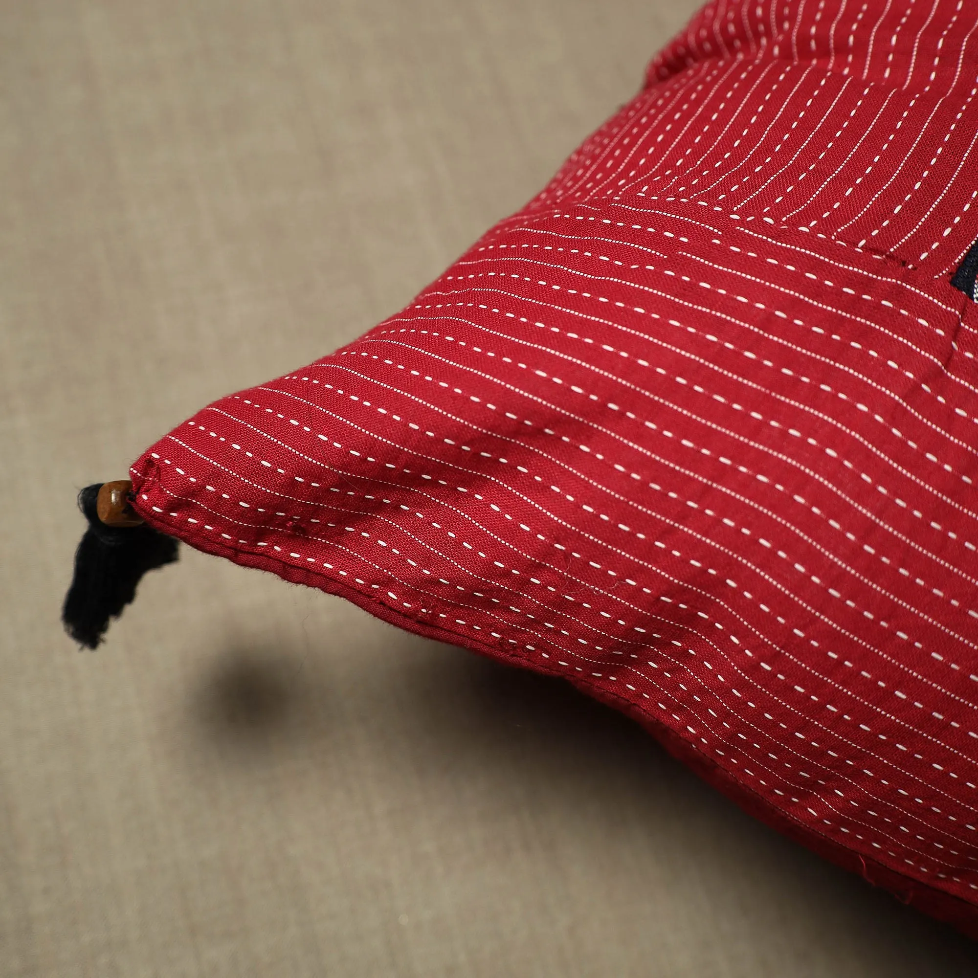 Red - Pure Cotton Kantha Stitch Ikat Cushion Cover (16 x 16 in) 01