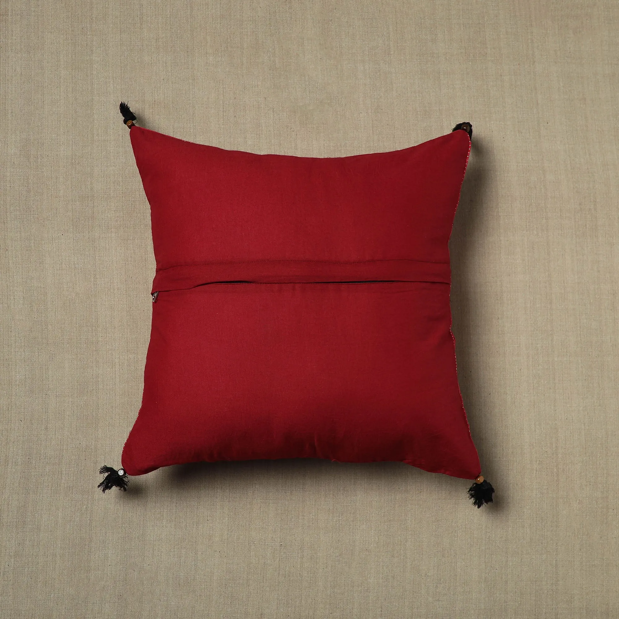 Red - Pure Cotton Kantha Stitch Ikat Cushion Cover (16 x 16 in) 01