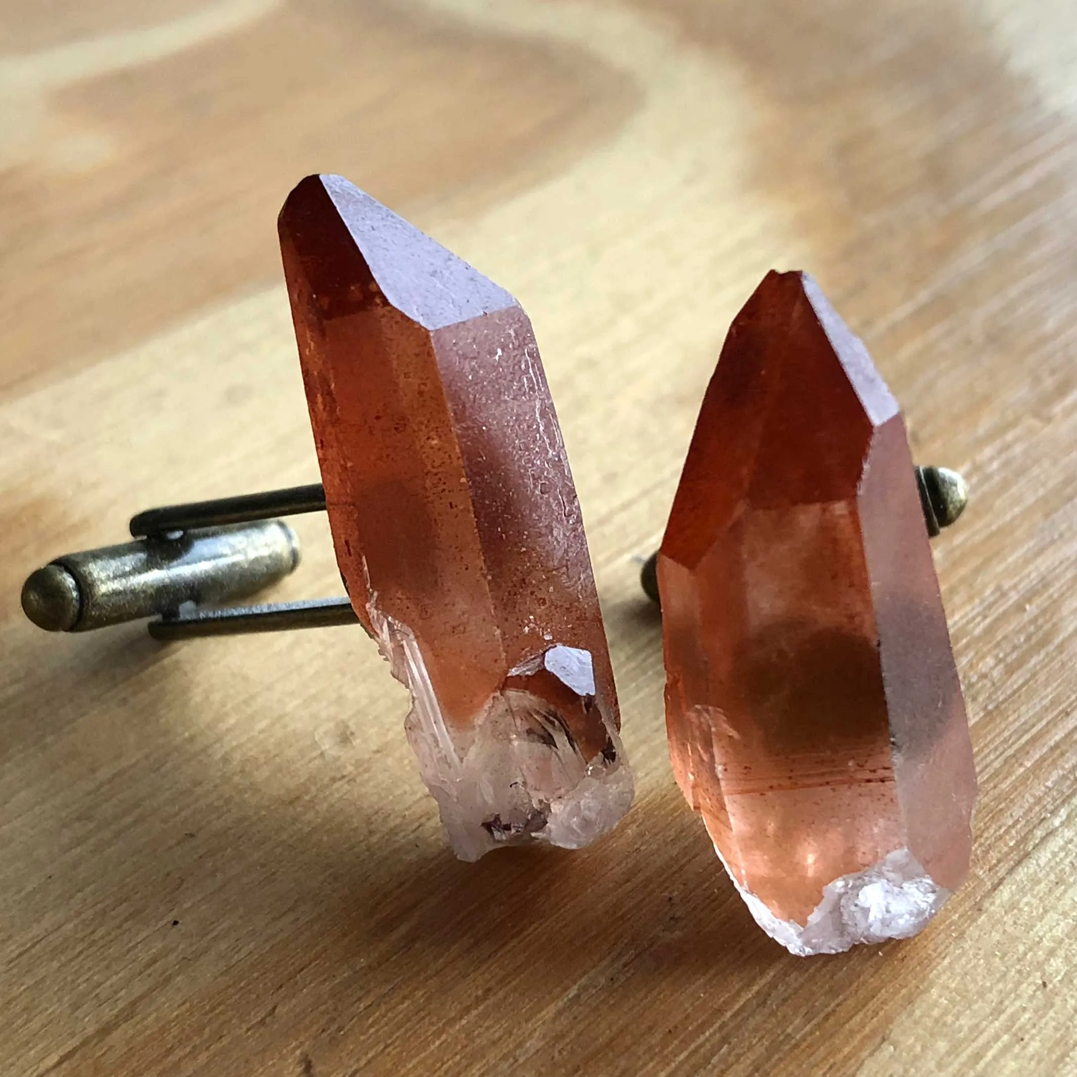 Red Quartz Cufflinks, Hematoid quartz crystal cuff links