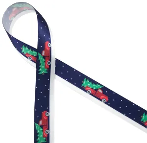 Red truck ribbon with a navy blue background  printed on 7/8"  white single face satin