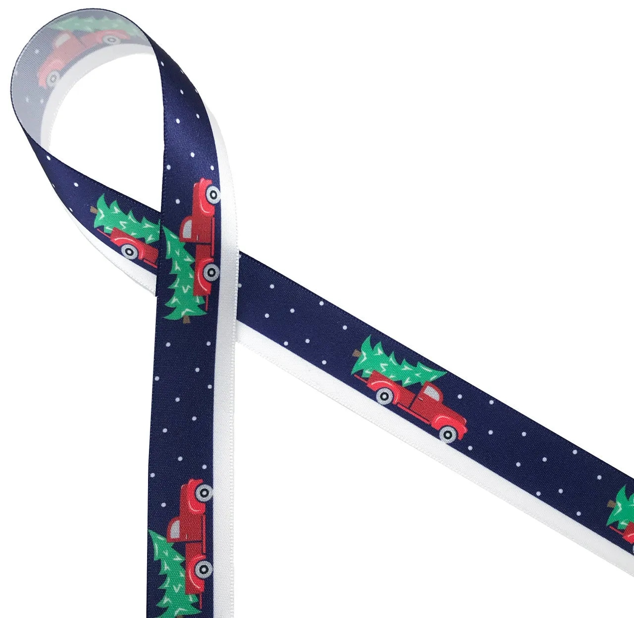 Red truck ribbon with a navy blue background  printed on 7/8"  white single face satin