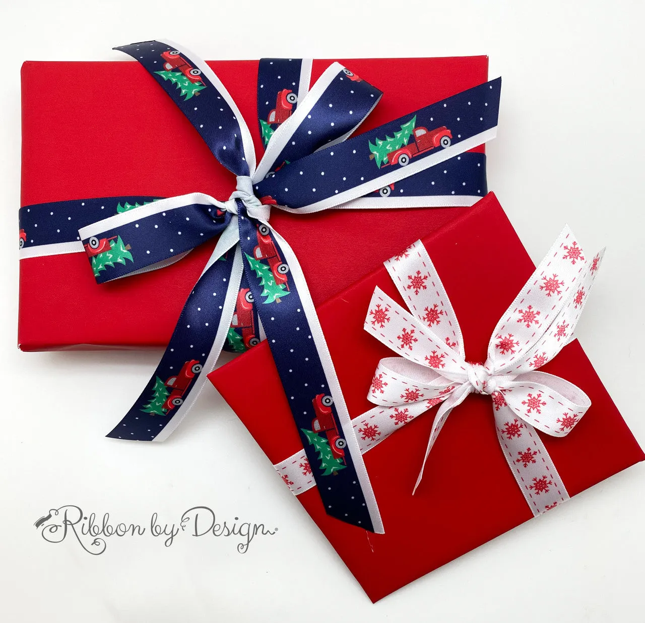 Red truck ribbon with a navy blue background  printed on 7/8"  white single face satin