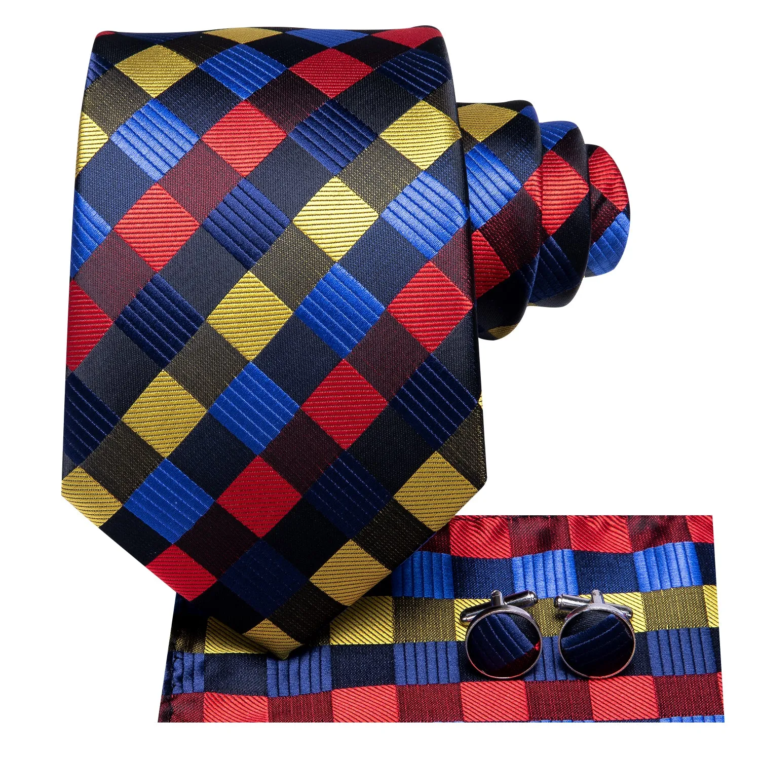 Red Yellow Blue Plaid Silk Men's Tie Pocket Square Cufflinks Set