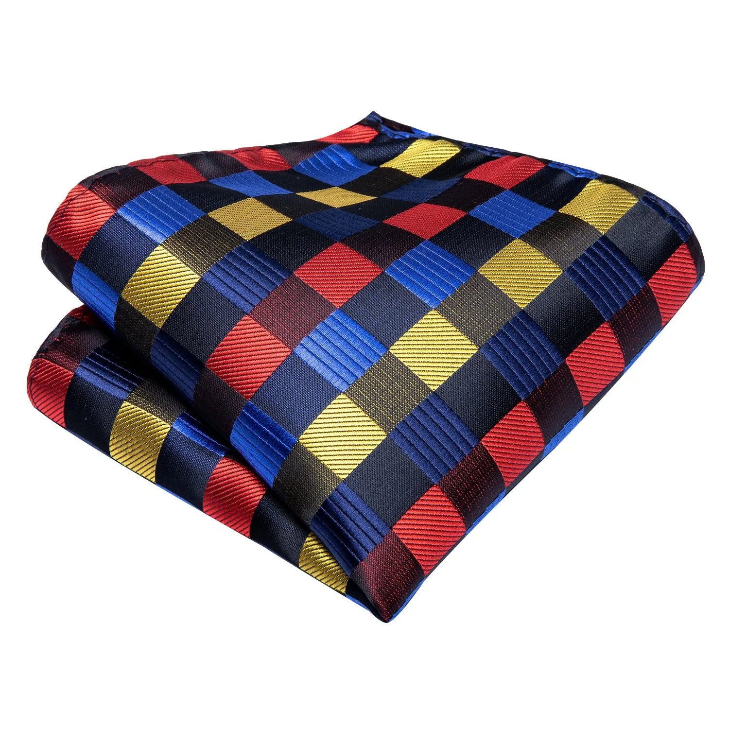Red Yellow Blue Plaid Silk Men's Tie Pocket Square Cufflinks Set