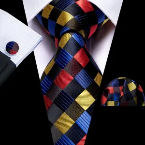Red Yellow Blue Plaid Silk Men's Tie Pocket Square Cufflinks Set