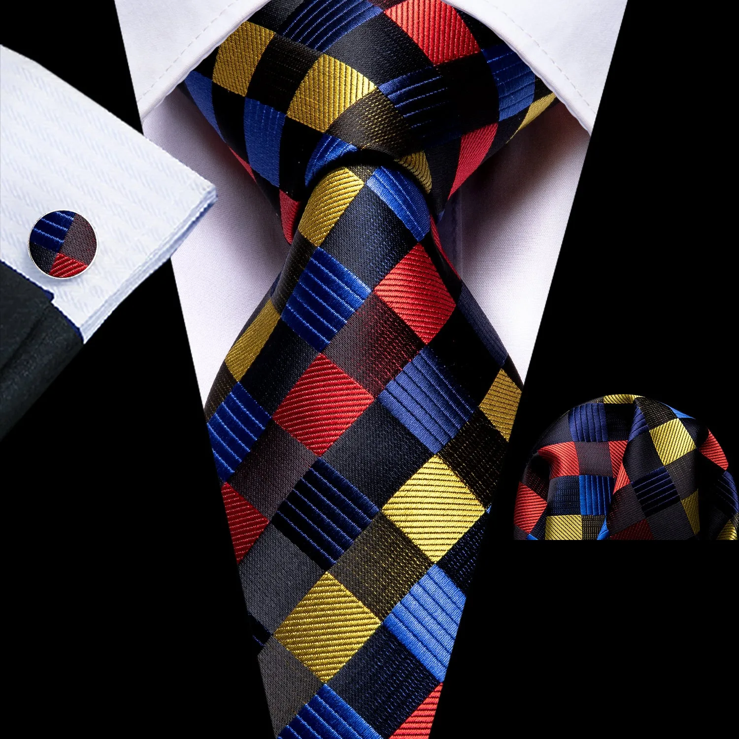 Red Yellow Blue Plaid Silk Men's Tie Pocket Square Cufflinks Set