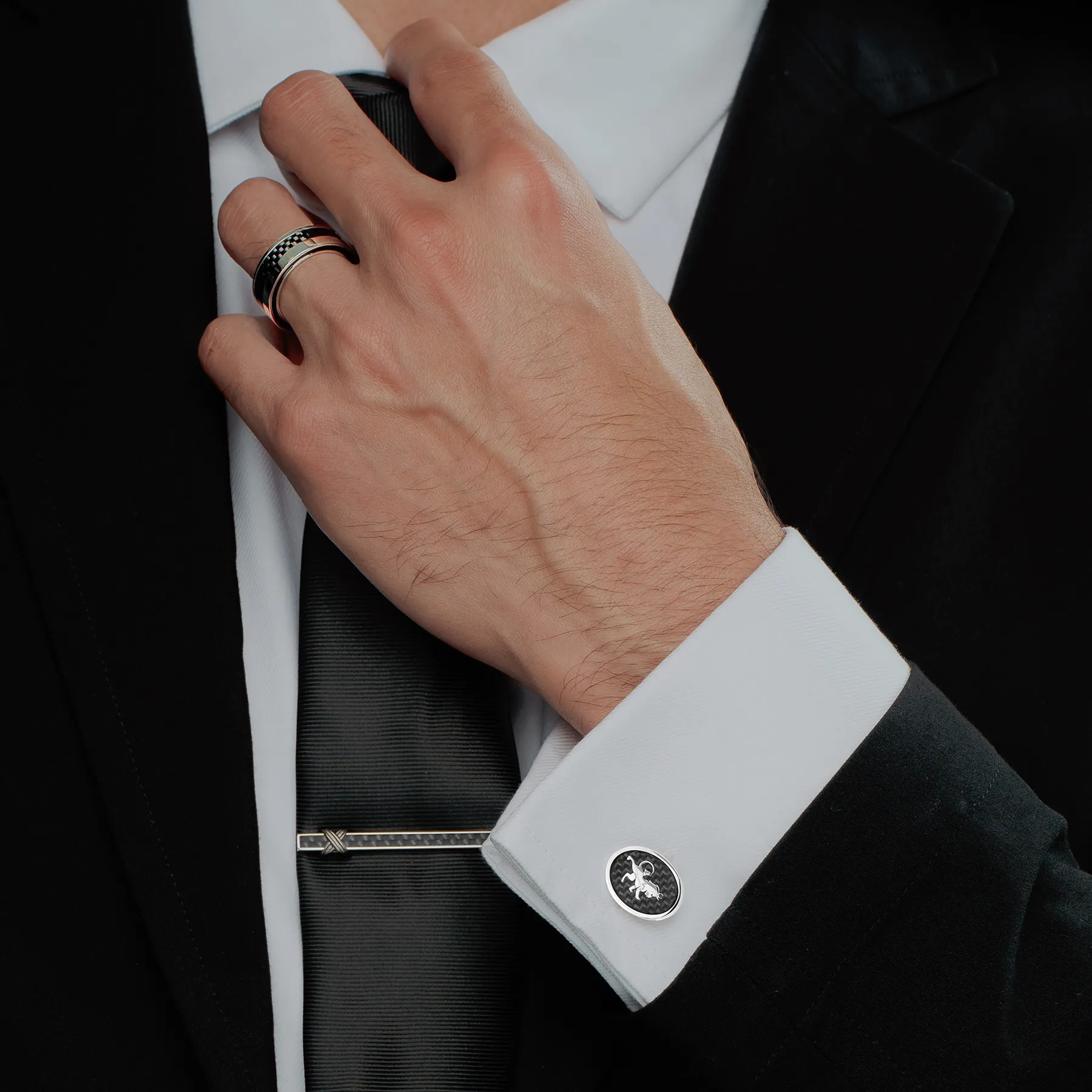 Regalia Lion Cufflinks in Stainless Steel with Black Carbon Fibre