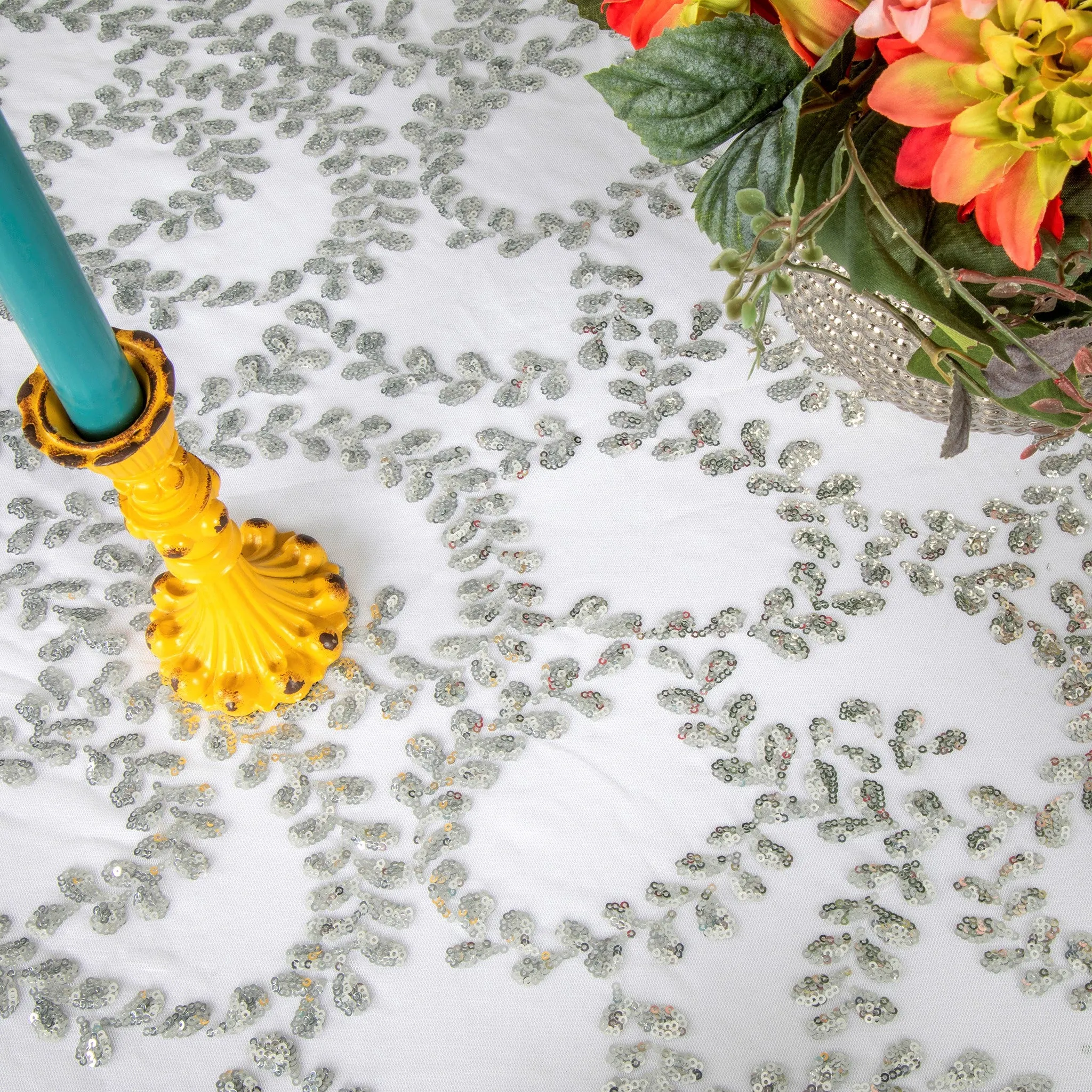 Sequin Vine Tablecloth Overlay 90"x156" Rectangle  - Silver
