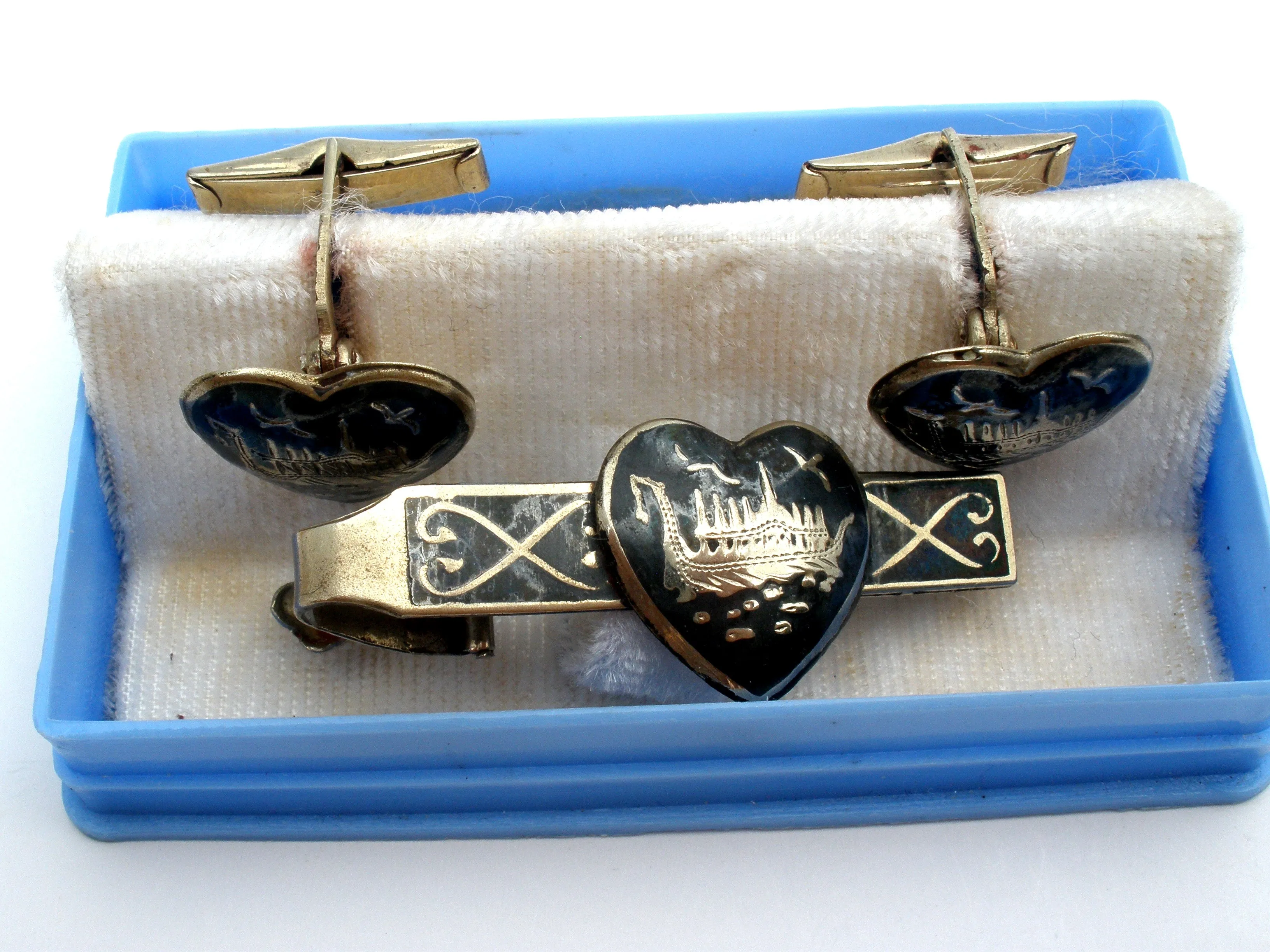 Siam Sterling Silver Enamel Ship Cufflink & Tie Bar Set