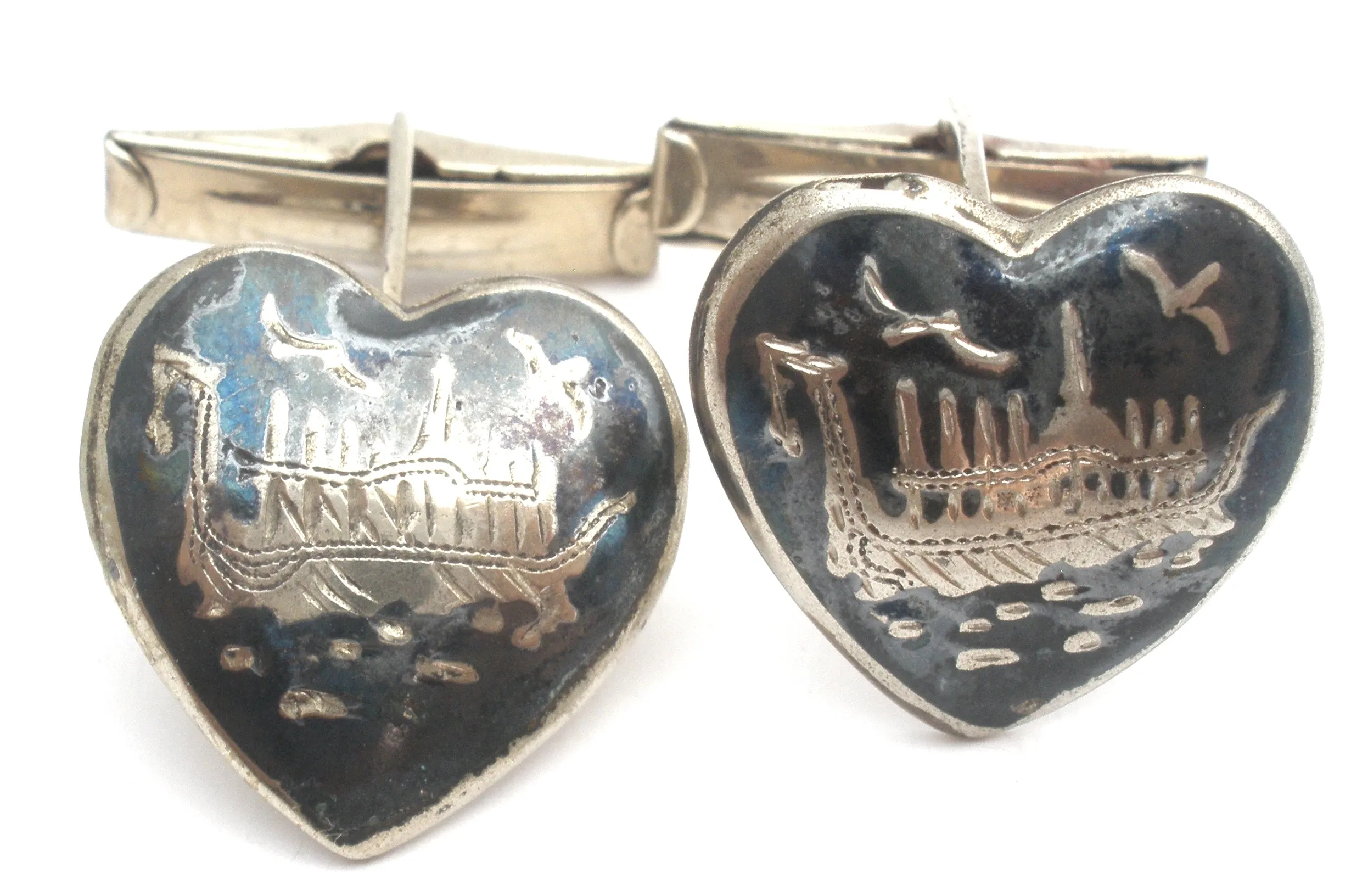 Siam Sterling Silver Enamel Ship Cufflink & Tie Bar Set