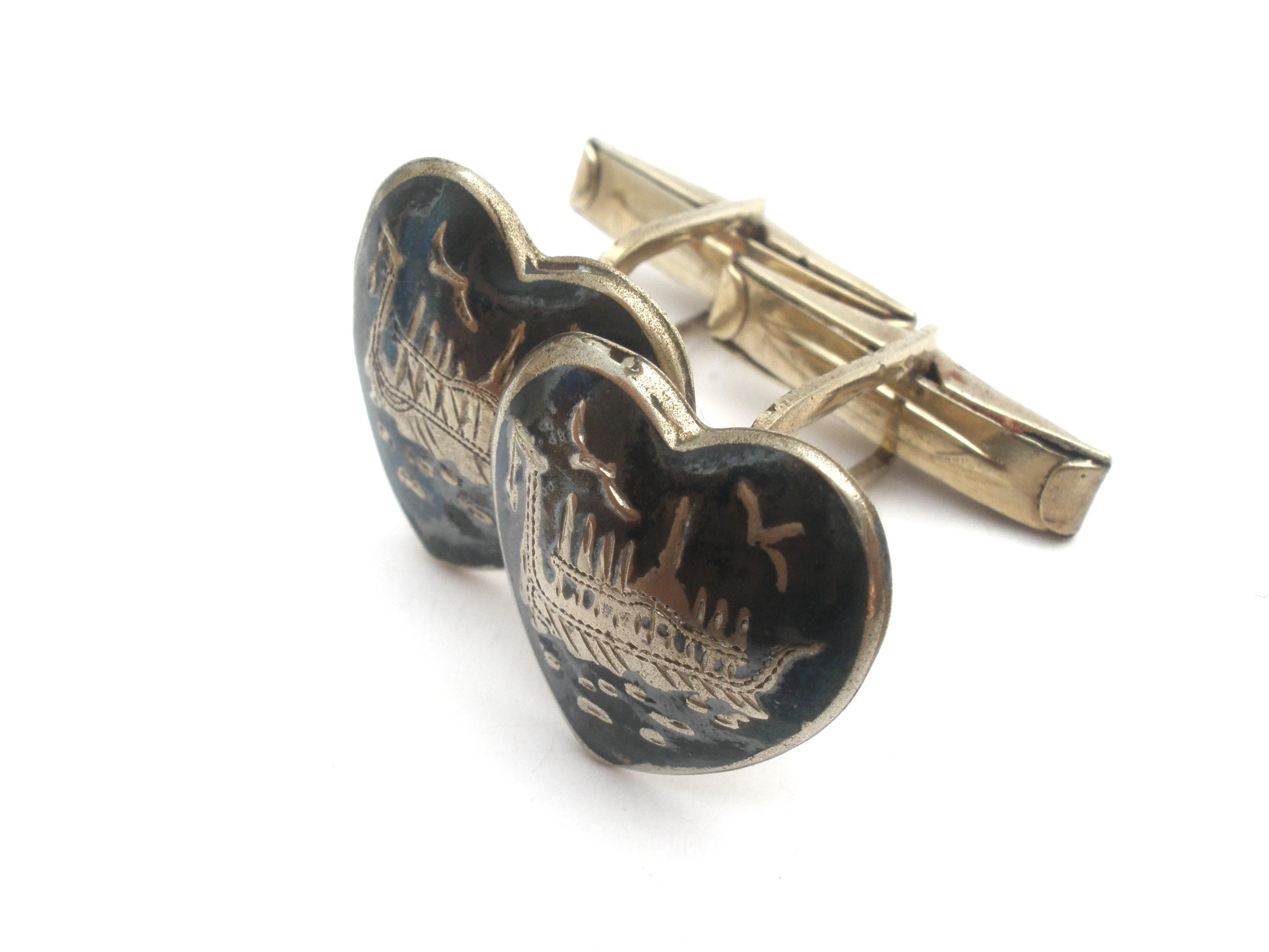 Siam Sterling Silver Enamel Ship Cufflink & Tie Bar Set