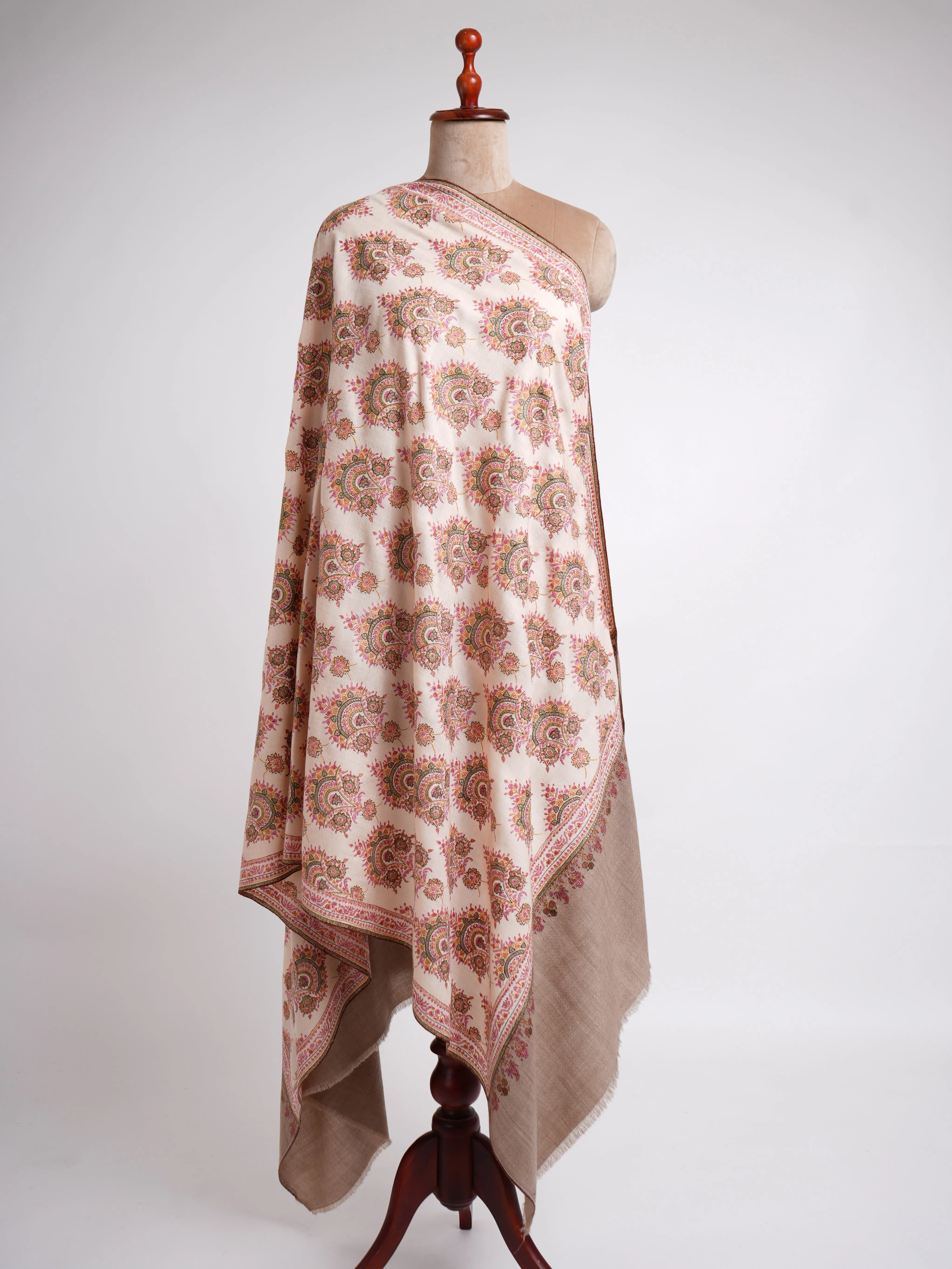 Silk Sozni Hand Embroidered Butah Pashmina Shawl Natural