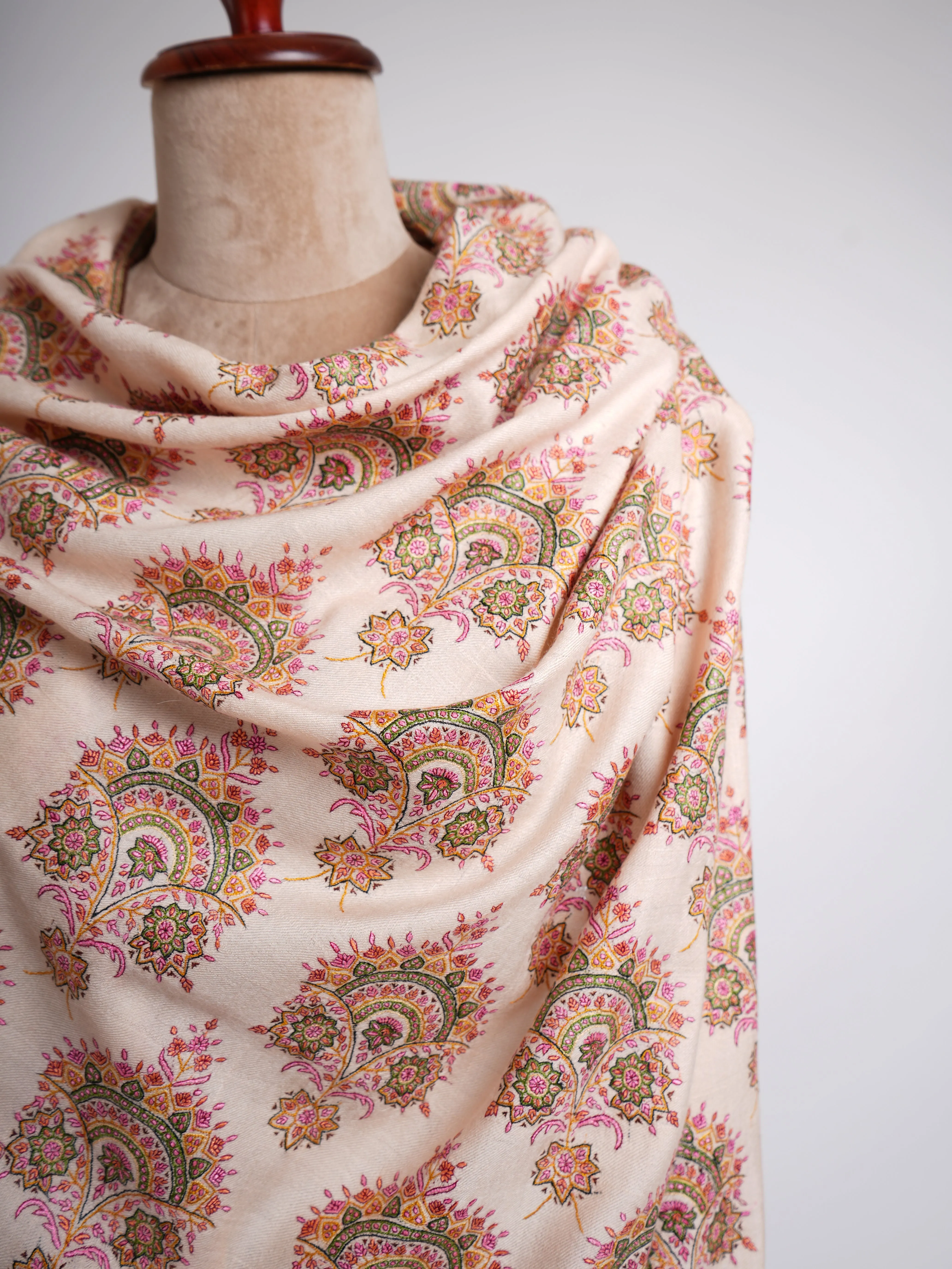 Silk Sozni Hand Embroidered Butah Pashmina Shawl Natural