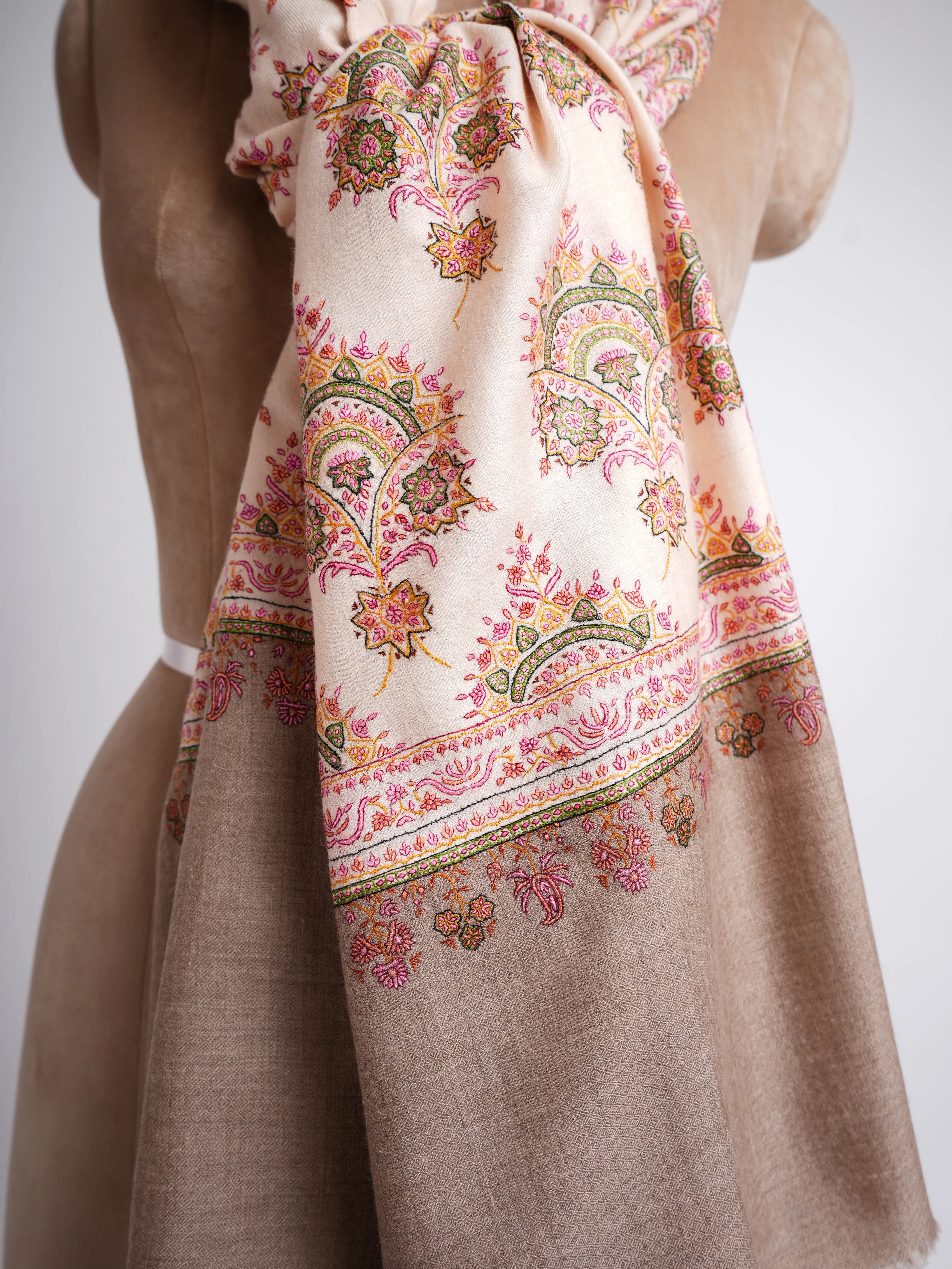 Silk Sozni Hand Embroidered Butah Pashmina Shawl Natural