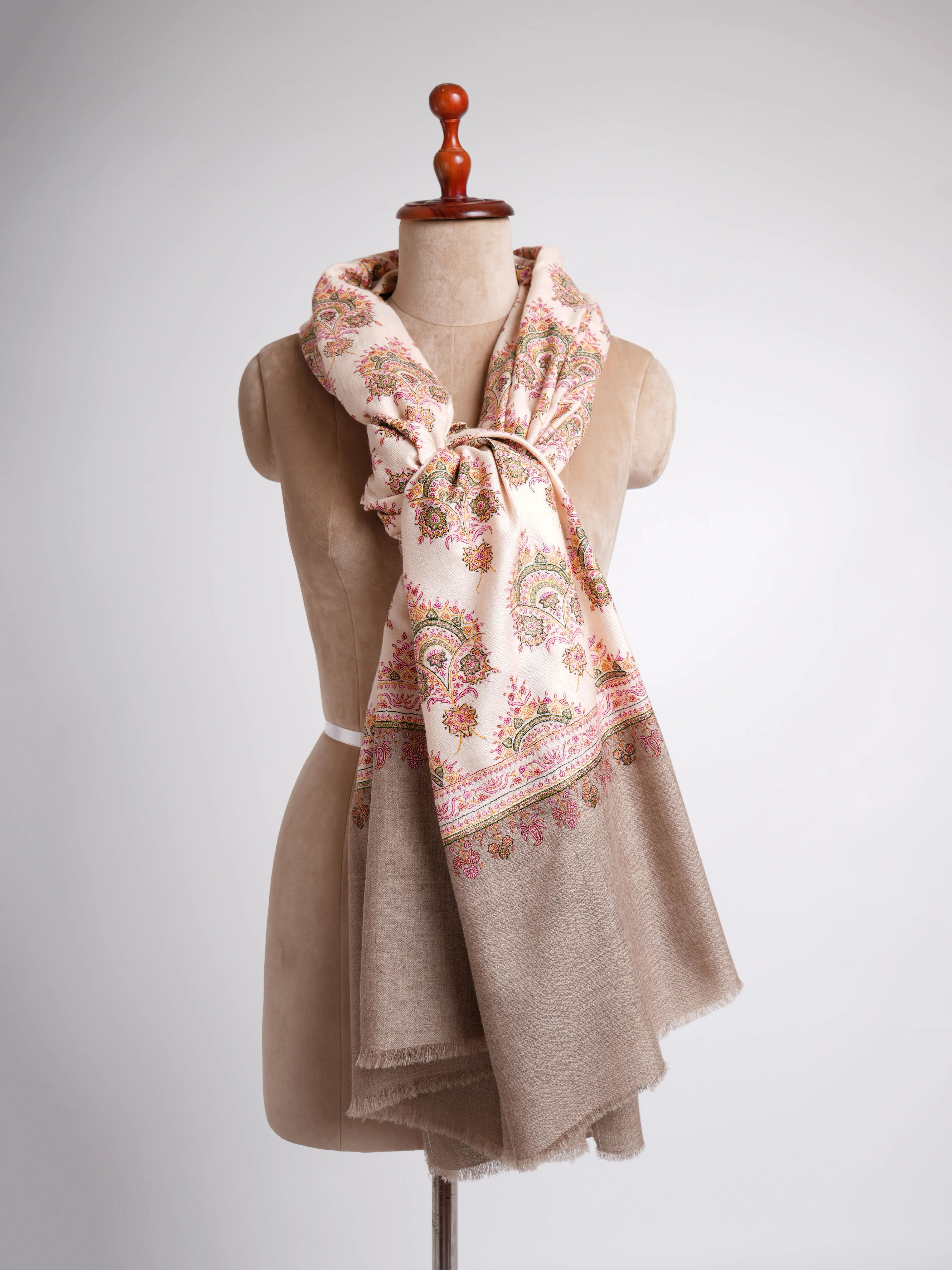 Silk Sozni Hand Embroidered Butah Pashmina Shawl Natural