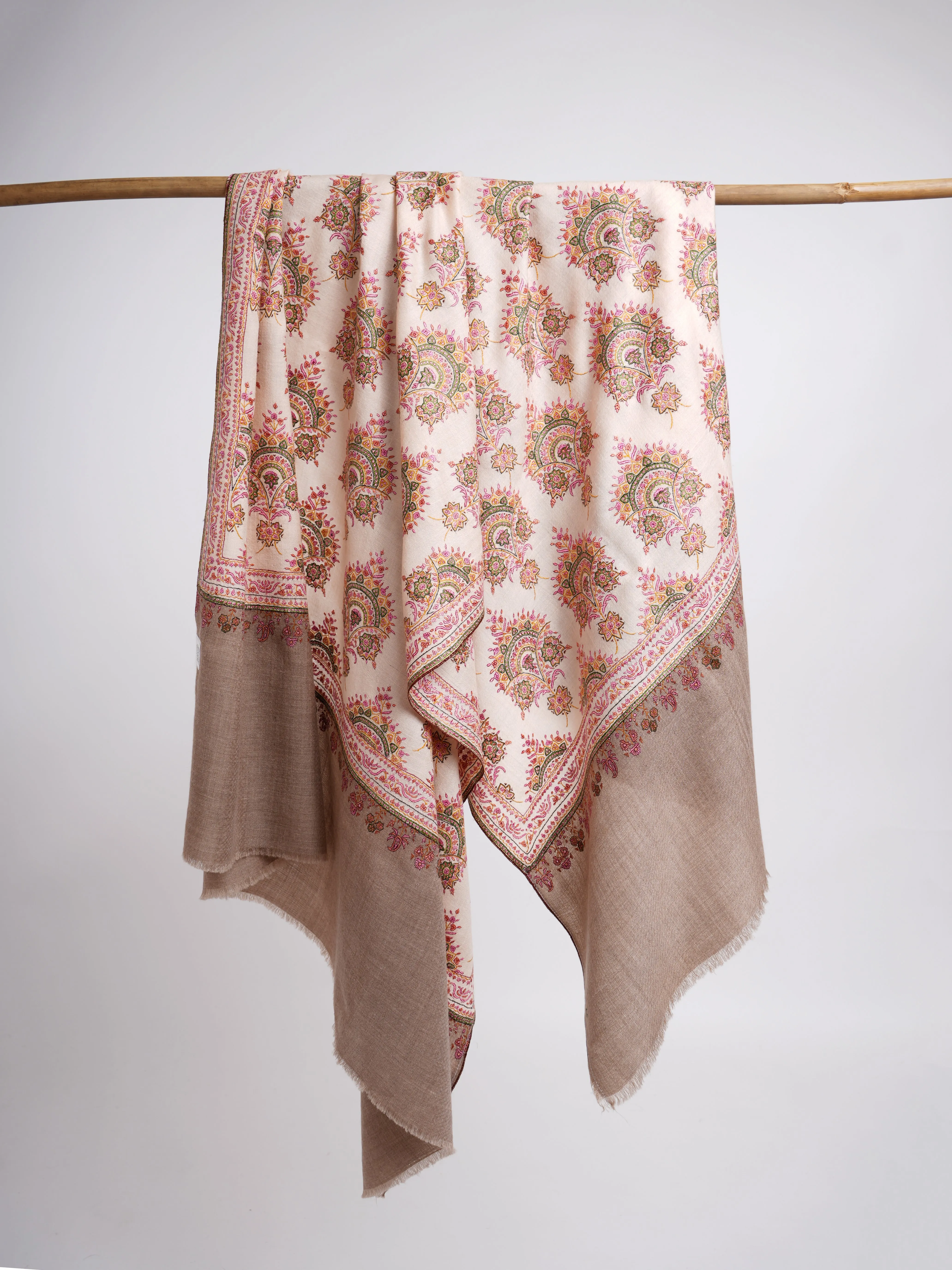 Silk Sozni Hand Embroidered Butah Pashmina Shawl Natural