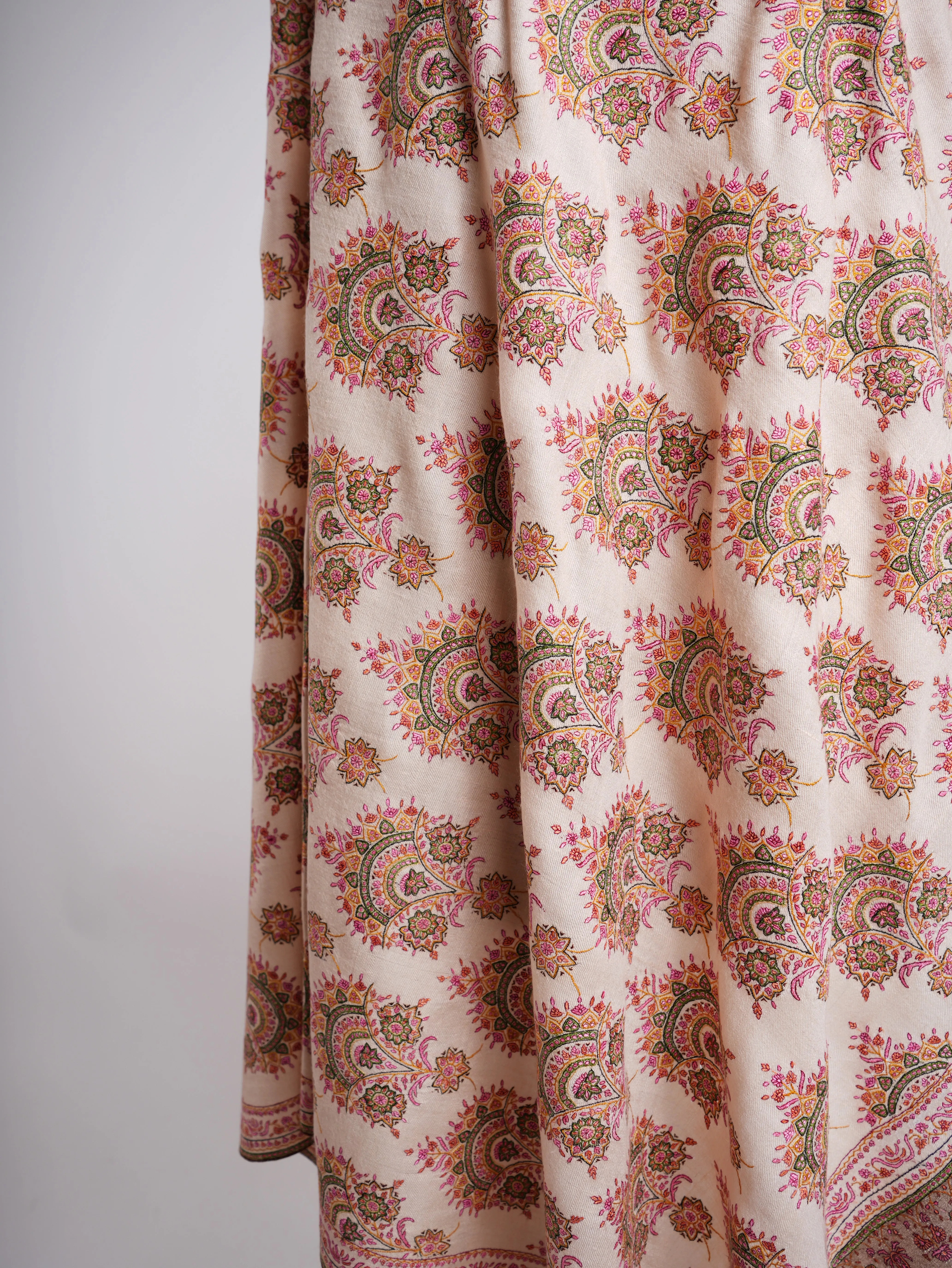 Silk Sozni Hand Embroidered Butah Pashmina Shawl Natural
