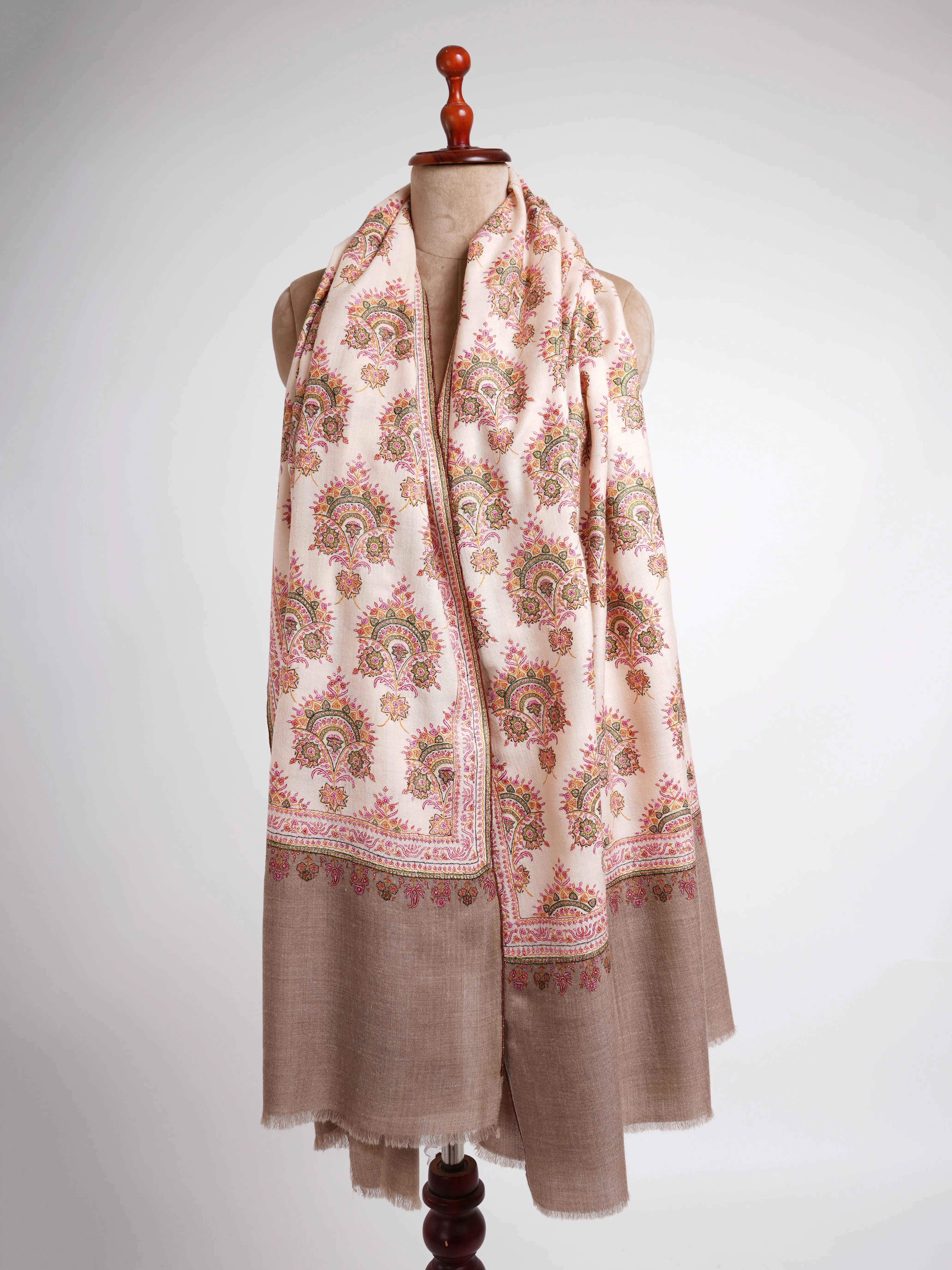 Silk Sozni Hand Embroidered Butah Pashmina Shawl Natural