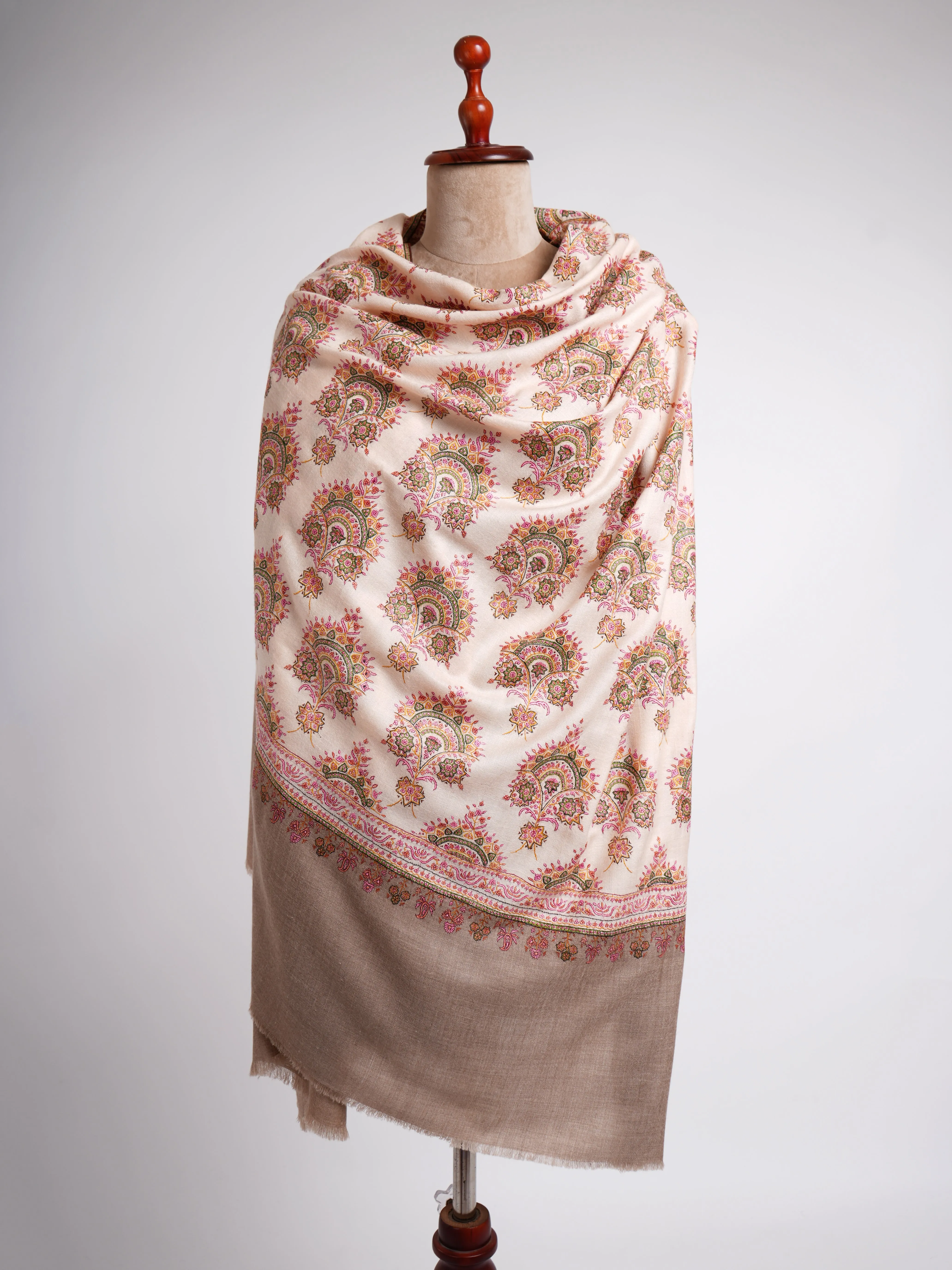Silk Sozni Hand Embroidered Butah Pashmina Shawl Natural