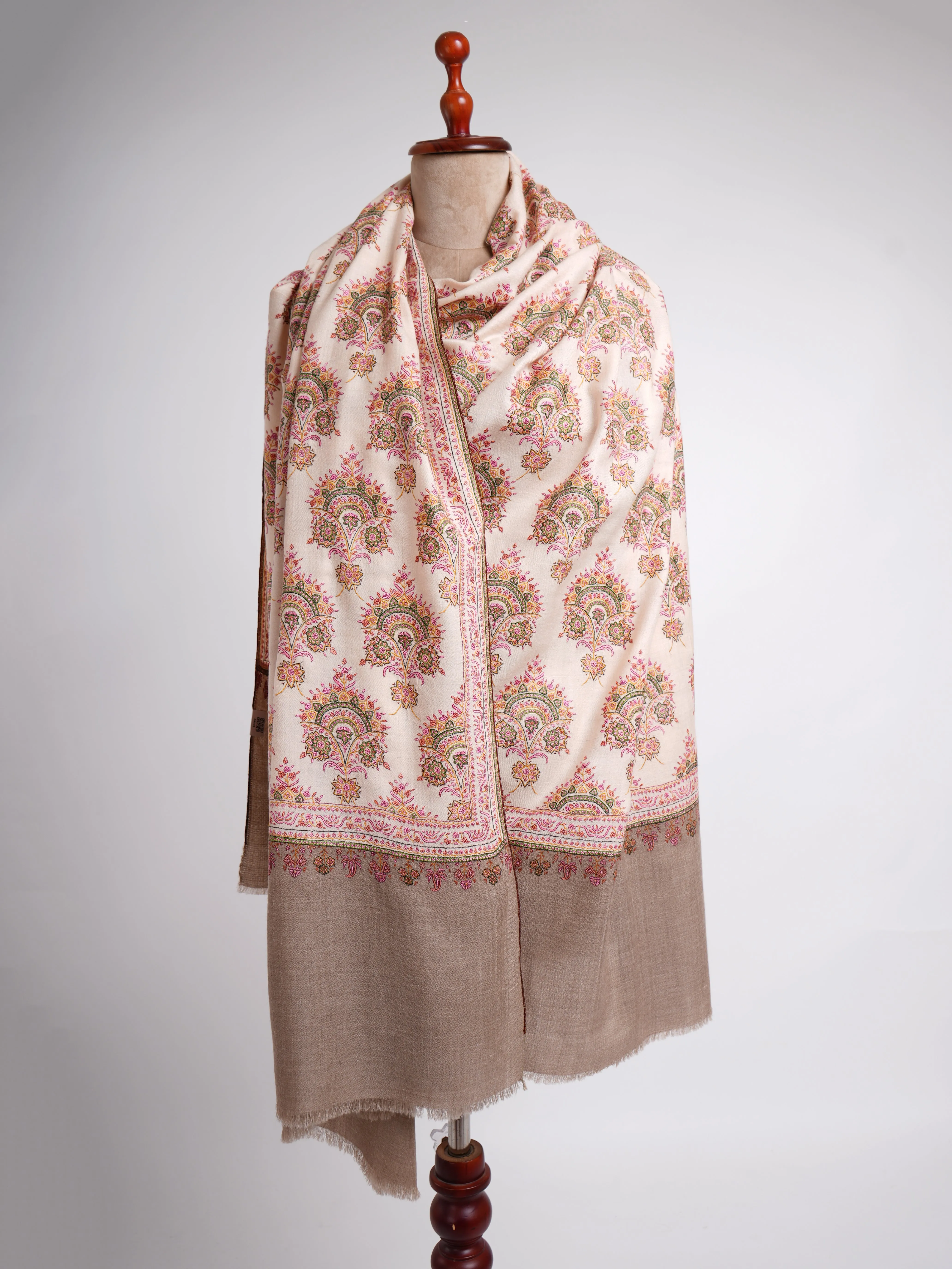 Silk Sozni Hand Embroidered Butah Pashmina Shawl Natural